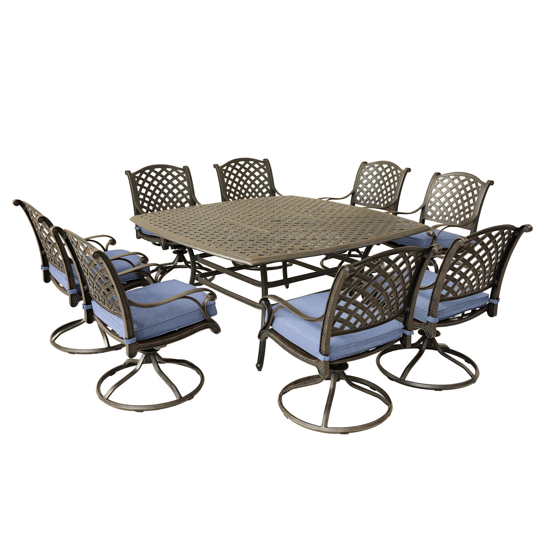 Square 8 Person 63.98" Long Dining Set With Navy Blue Cushions Antique Navy Blue Polyester Aluminum