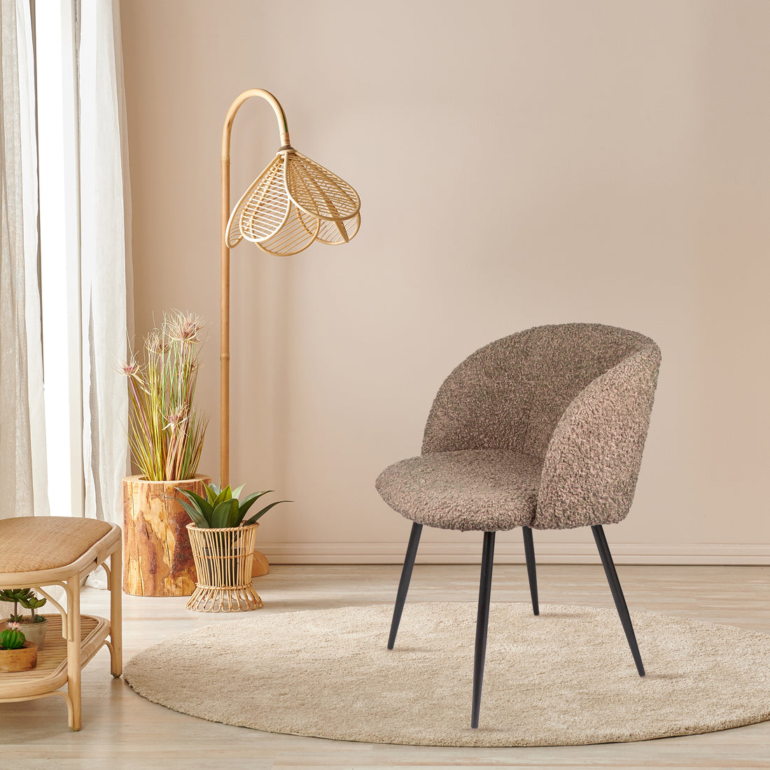 Adjust Legs Upholstered Teddy Faux Fur Dining Armrest Chair Set Of 2 Light Brown Metal Light Brown Dining Room Powder Coated Foam Dry Clean Round Mid Century Modern Arm Chair Solid Back Foam Polyester