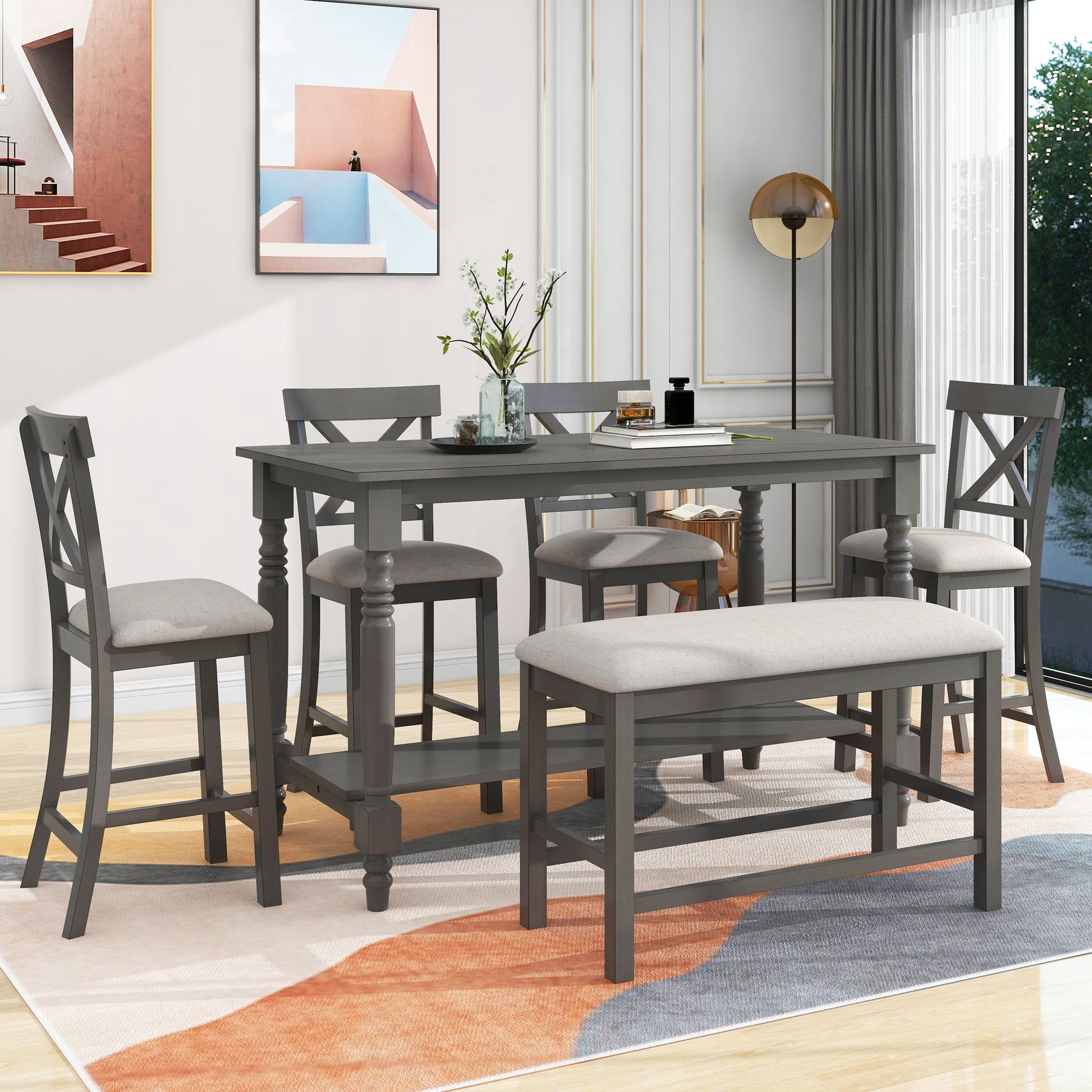 6 Piece Counter Height Dining Table Set Table With Shelf 4 Chairs And Bench For Dining Room Gray Gray Solid Wood
