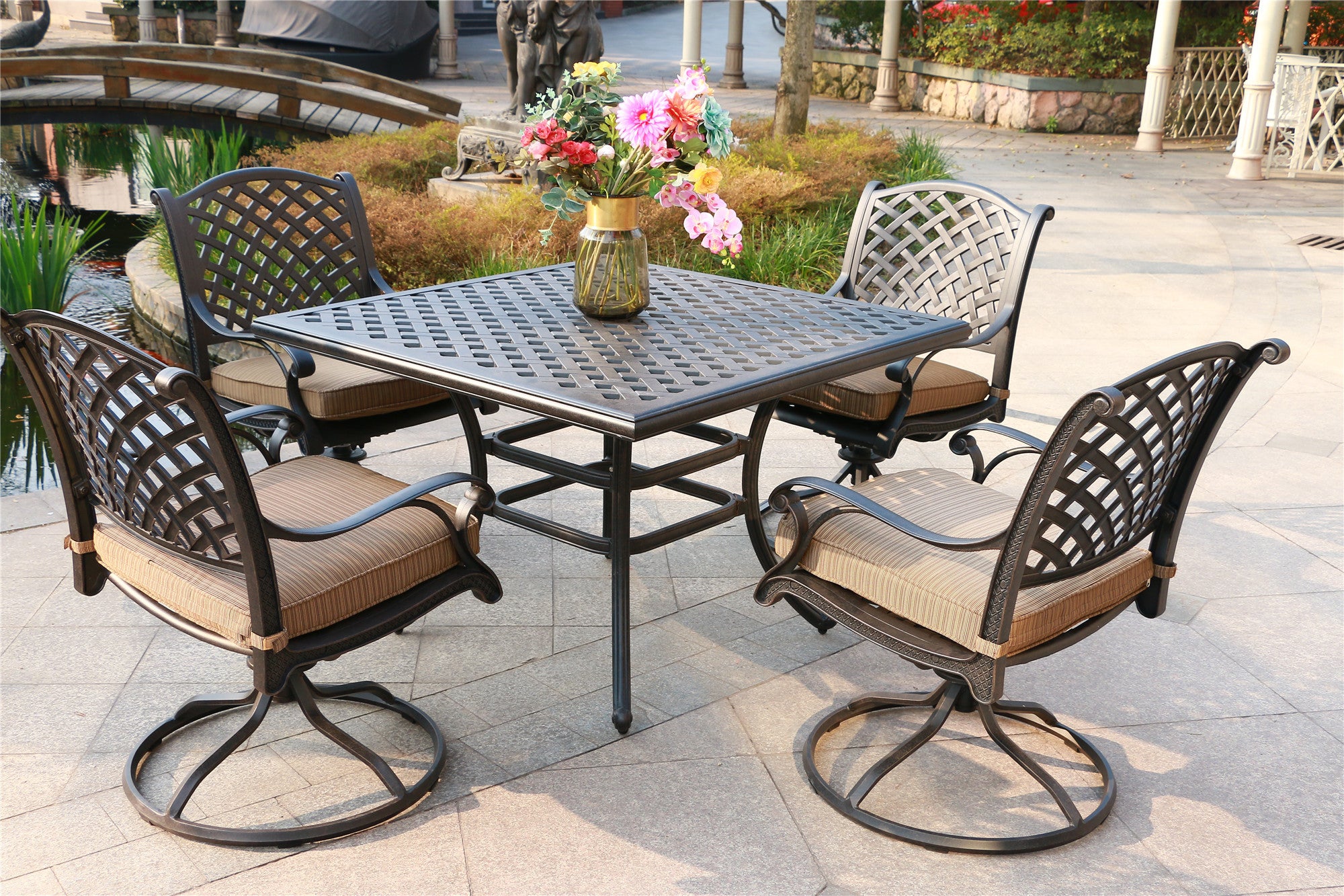 Square 4 Person 43.19" Long Aluminum Dining Set with antique brown-polyester-aluminum