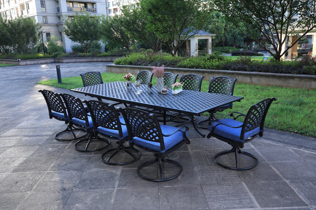 Rectangular 10 Person 126.38" Long Dining Set With Navy Blue Cushions Antique Navy Blue Polyester Aluminum