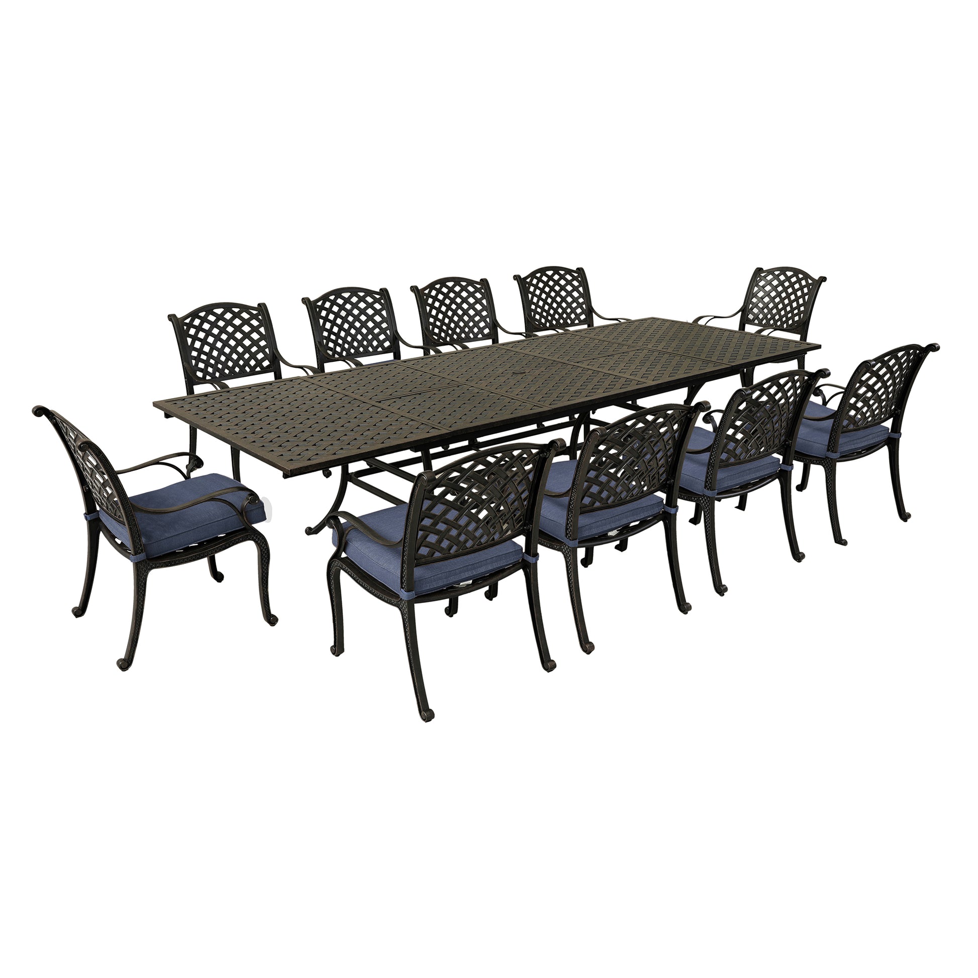 Rectangular 10 Person 126.38" Long Dining Set With Navy Blue Cushions Antique Navy Blue Polyester Aluminum