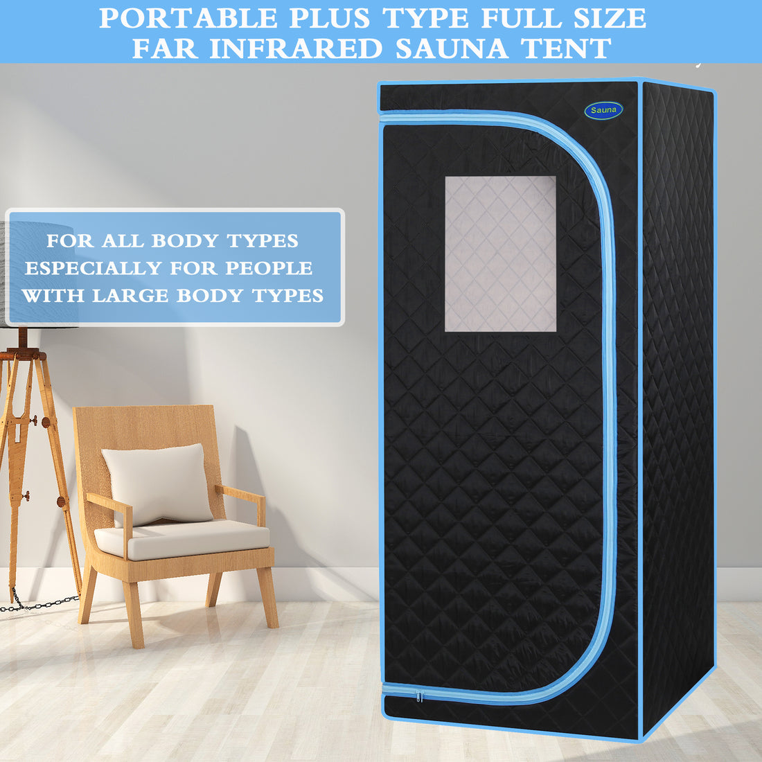 Portable Plus Type Full Size Far Infrared Sauna Tent. Spa, Detox ,Therapy And Relaxation At Home.Larger Space,Stainless Steel Connector Easy To Install.Fcc Certification Black Blue Binding Black Polyester