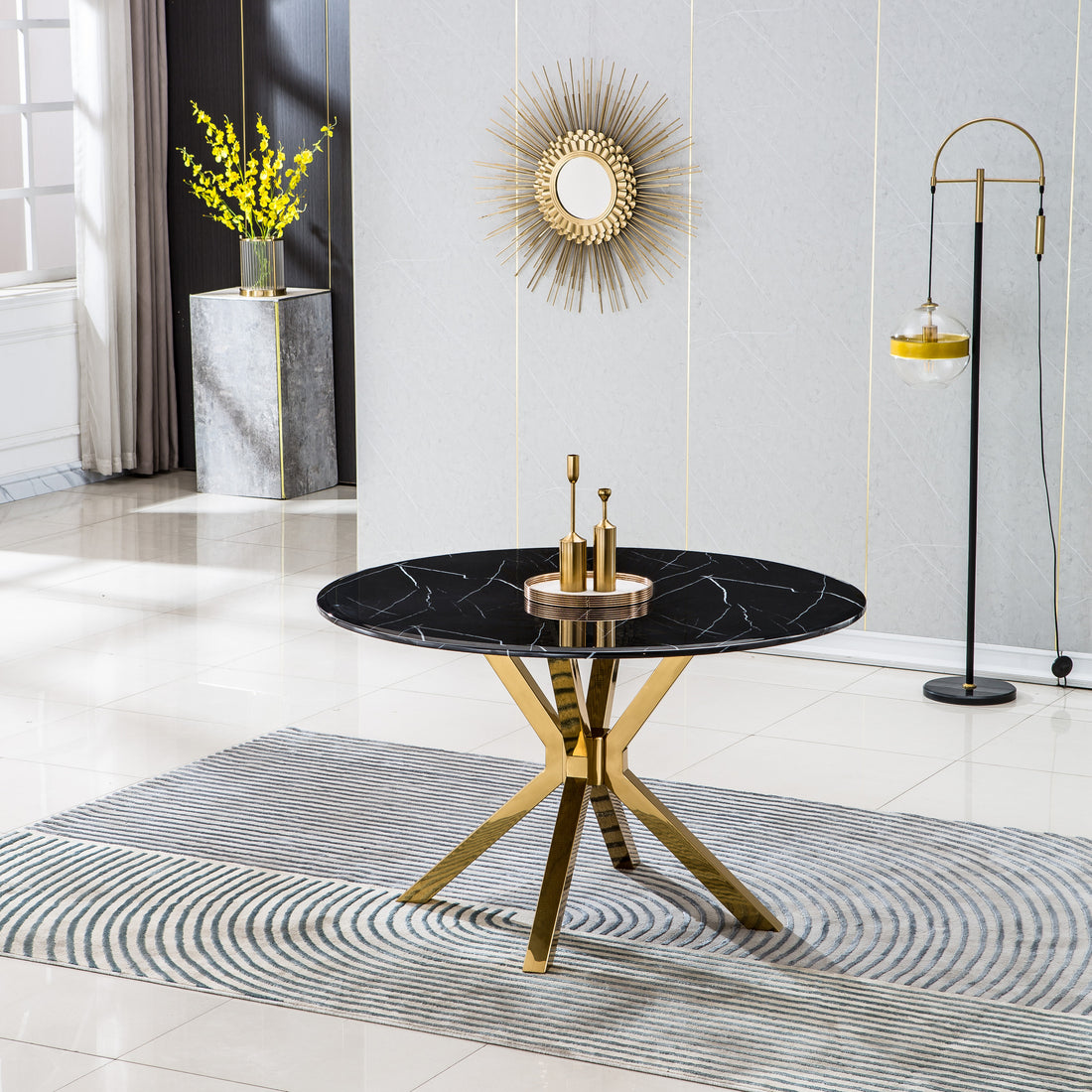 Modern Round Marble Table For Dining Room Kitchen, 1.02" Thick Marble Top, Gold Finish Stainless Steel Base, Size:47"Lx47"Dx30"H Not Including Chairs Black Marble
