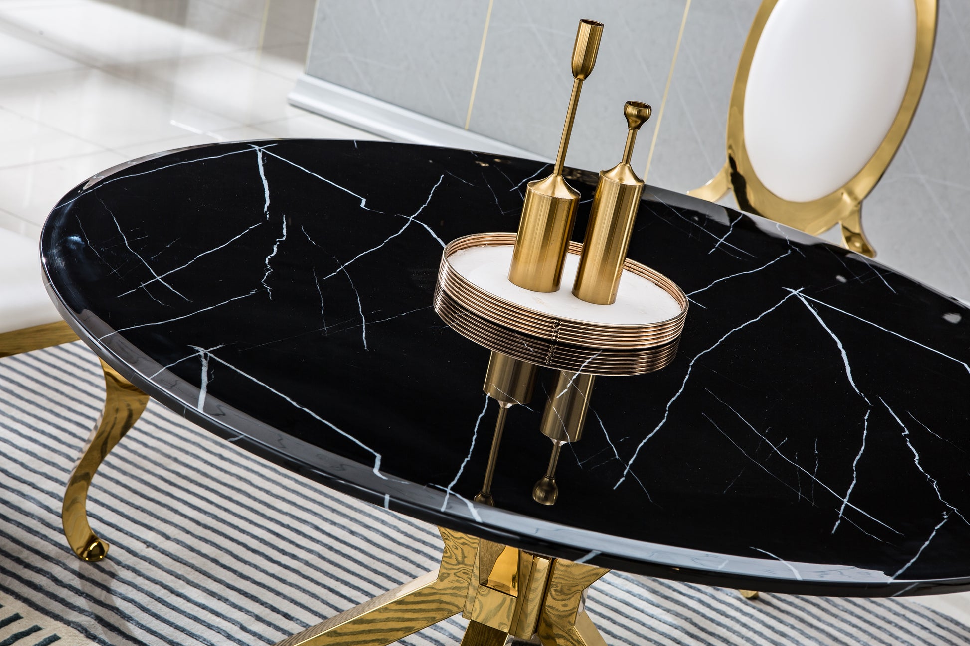 Modern Round Marble Table For Dining Room Kitchen, 1.02" Thick Marble Top, Gold Finish Stainless Steel Base, Size:47"Lx47"Dx30"H Not Including Chairs Black Marble