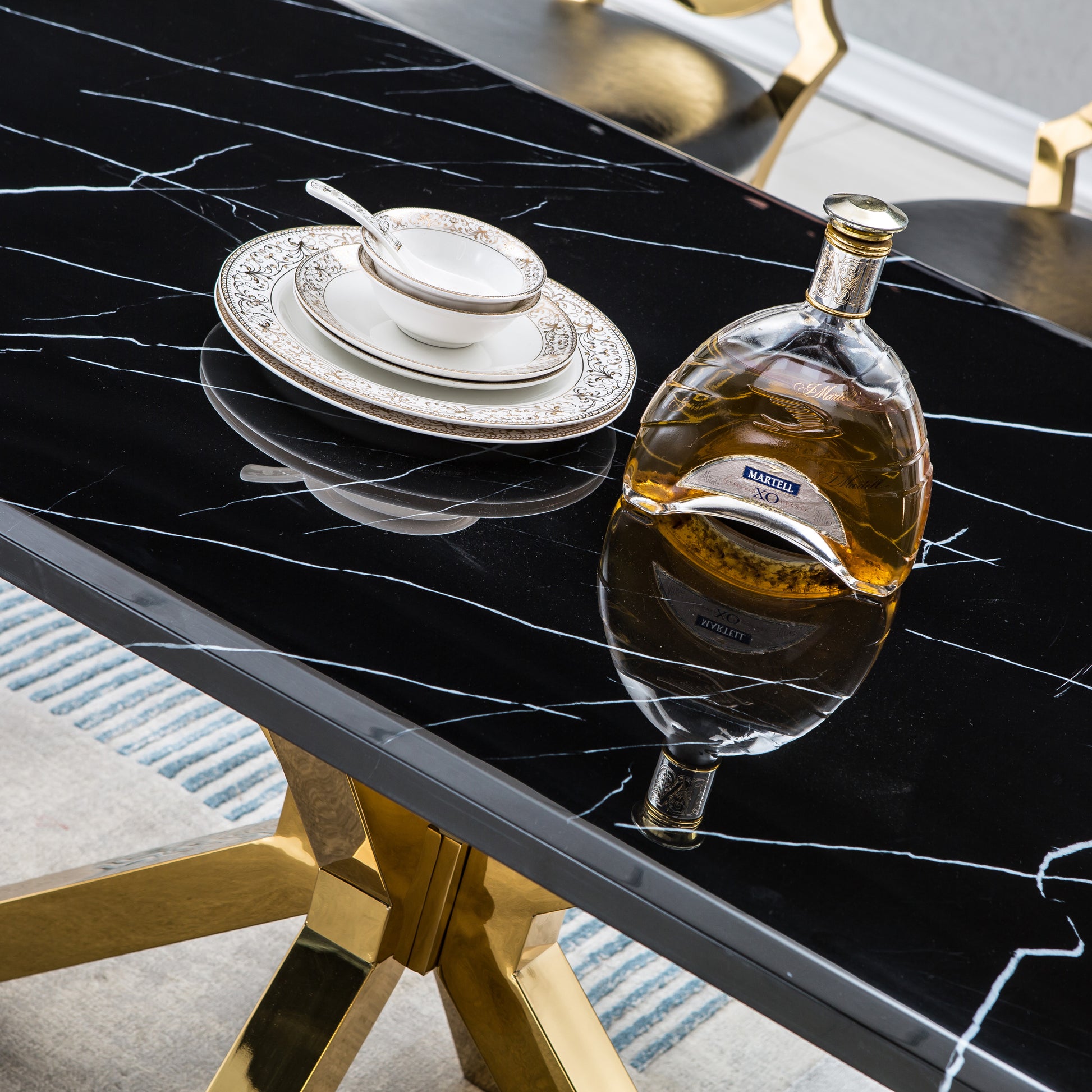 Modern Rectangular Marble Table For Dining Room Kitchen, 1.02" Thick Marble Top, Gold Finish Stainless Steel Base, Size:79"Lx39"Dx30"H Not Including Chairs Black Marble