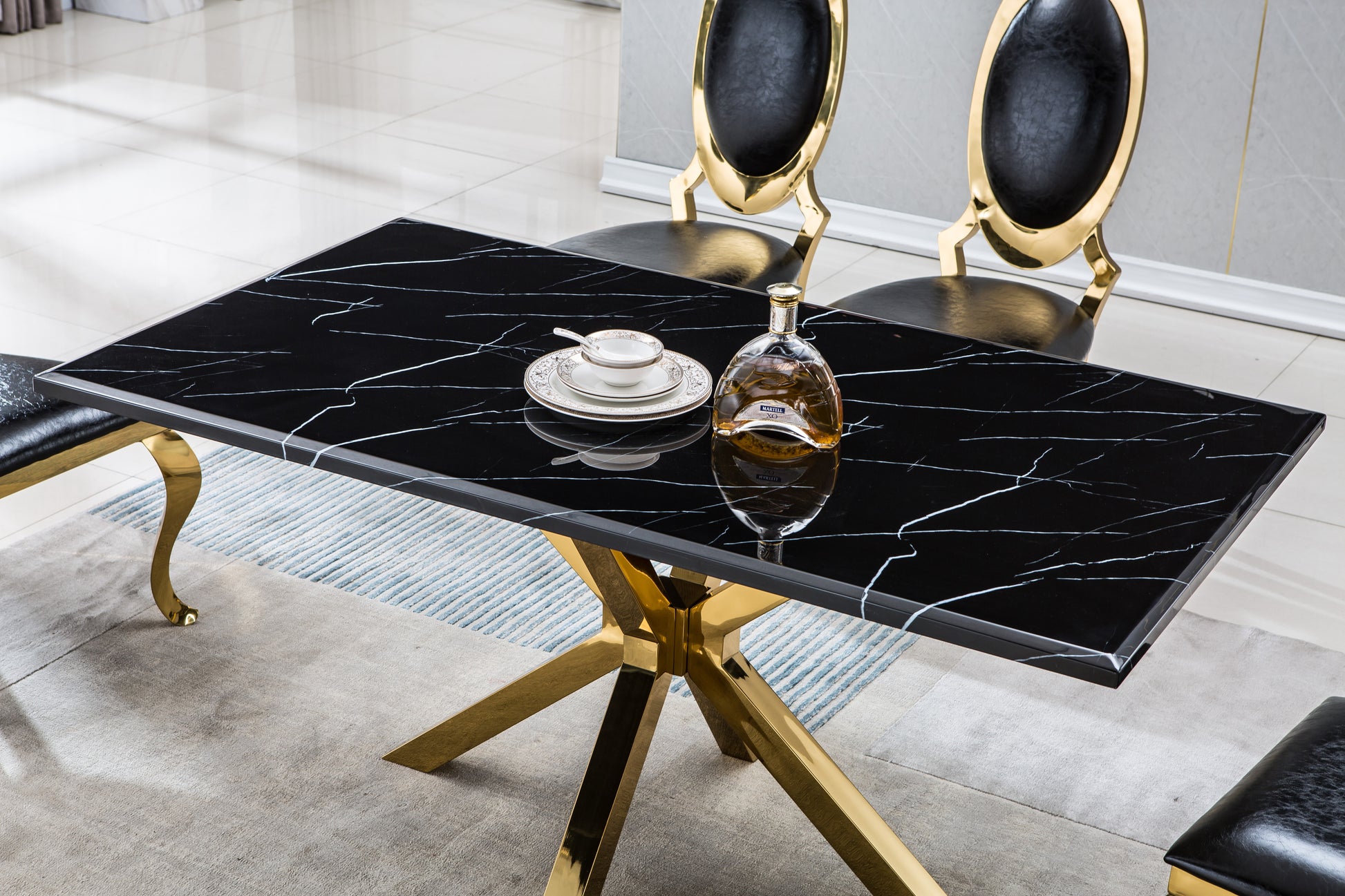 Modern Rectangular Marble Table For Dining Room Kitchen, 1.02" Thick Marble Top, Gold Finish Stainless Steel Base, Size:63"Lx35"Dx30"H Not Including Chairs Black Marble