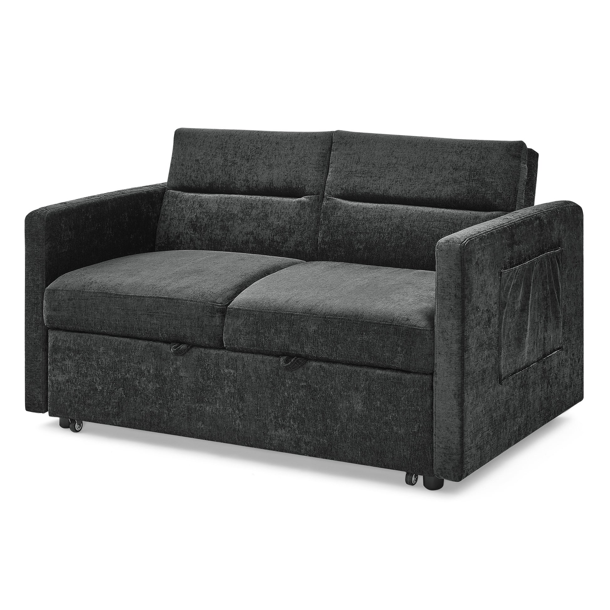 Loveseats Sofa Bed With Pull Out Bed,Adjsutable Back And Two Arm Pocket,Black 54.5"X33"X31.5" Black Chenille