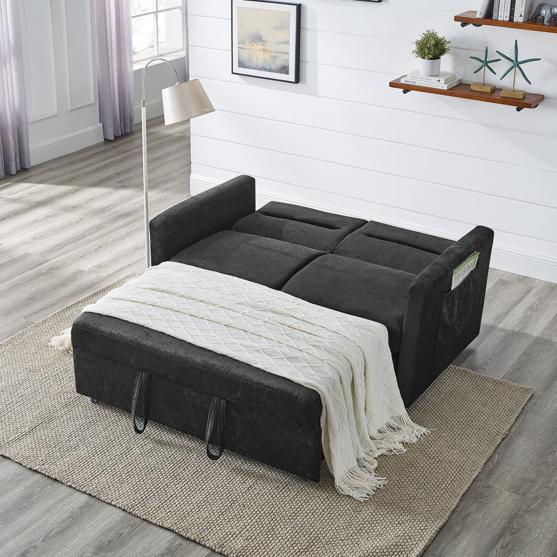 Loveseats Sofa Bed With Pull Out Bed,Adjsutable Back And Two Arm Pocket,Black 54.5"X33"X31.5" Black Chenille