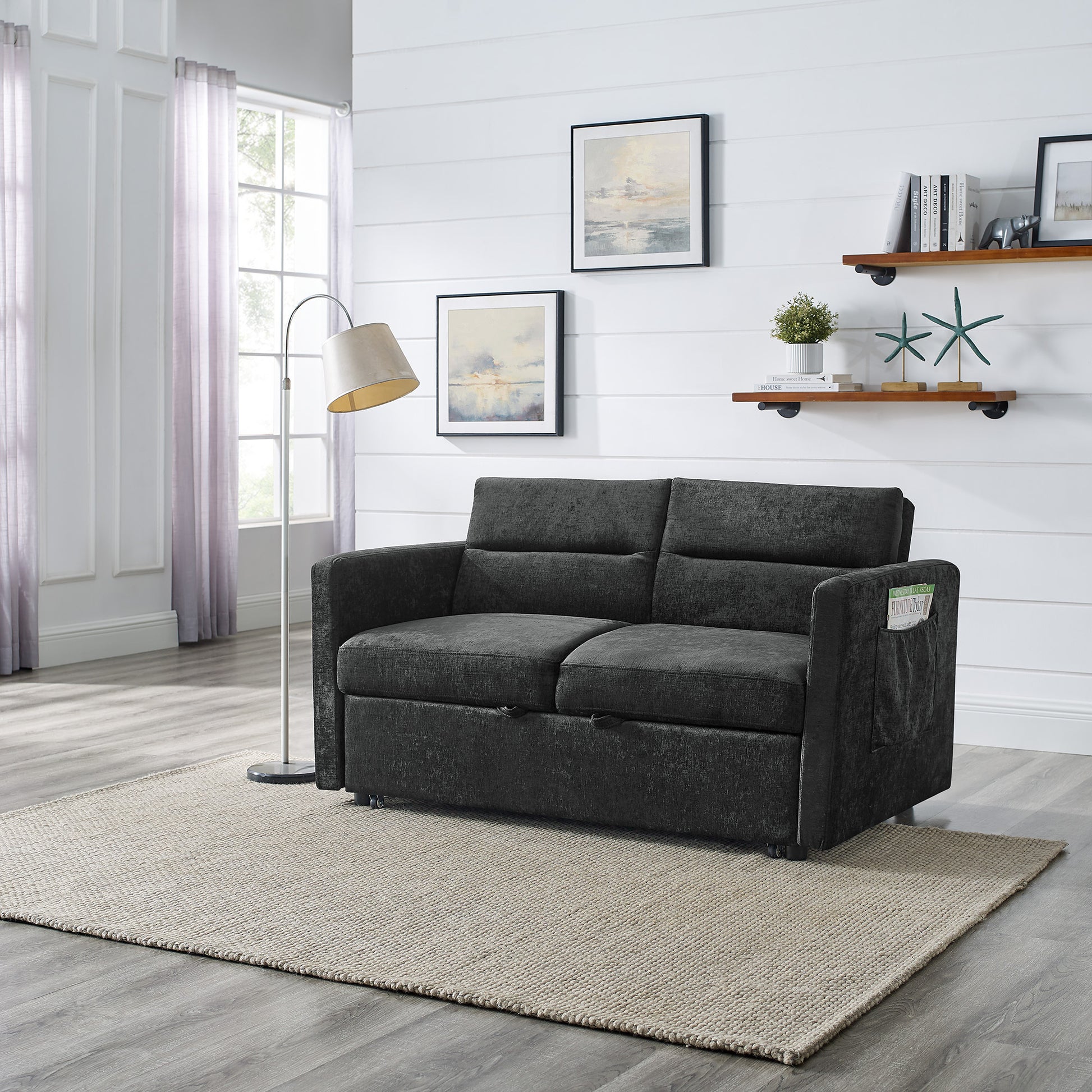 Loveseats Sofa Bed With Pull Out Bed,Adjsutable Back And Two Arm Pocket,Black 54.5"X33"X31.5" Black Chenille