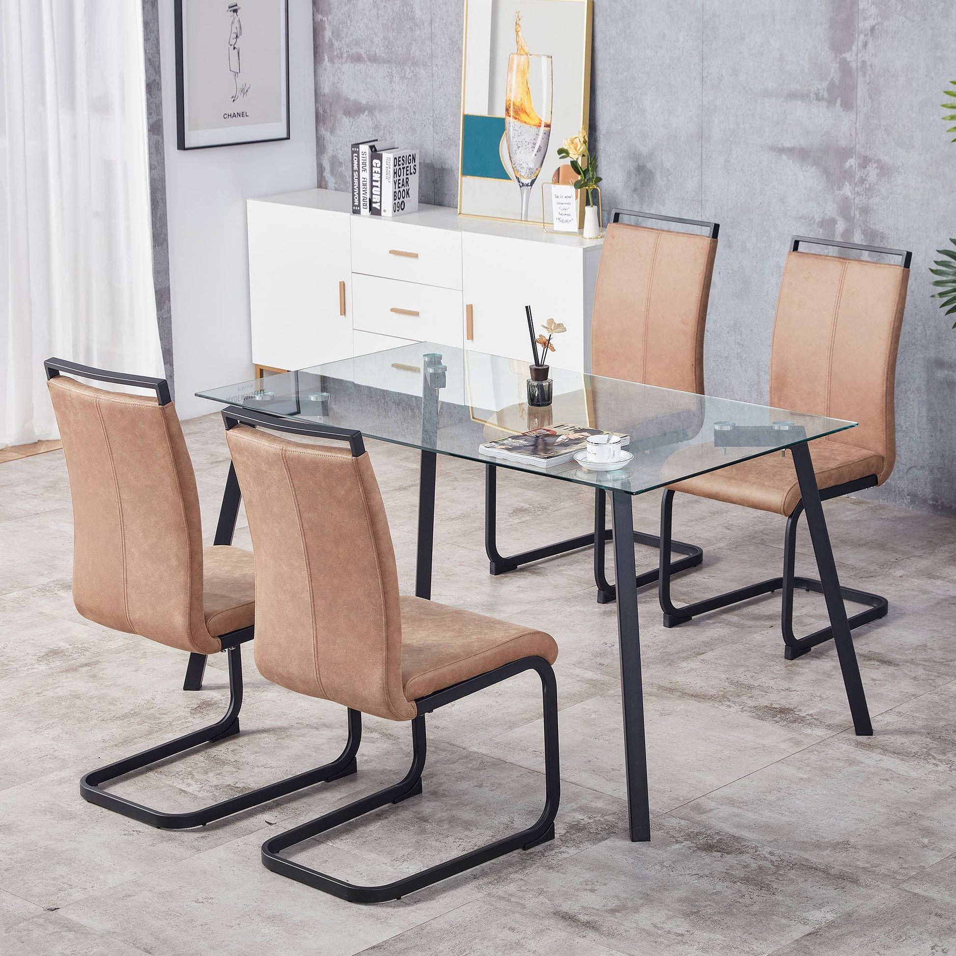 Modern Dining Chairs, Technology Cloth High Back Upholstered Side Chair With C Shaped Tube Black Metal Legs For Dining Room Kitchen Vanity Club Guest Office Chair Set Of 4 Brown 1162 Brown Foam Fabric