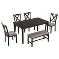 6 Piece Kitchen Dining Table Set Wooden Rectangular Dining Table, 4 Fabric Chairs And Bench Family Furniture Espresso Espresso Solid Wood