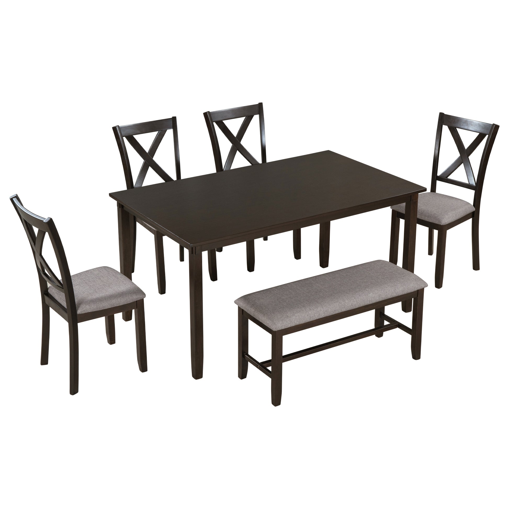 6 Piece Kitchen Dining Table Set Wooden Rectangular Dining Table, 4 Fabric Chairs And Bench Family Furniture Espresso Espresso Solid Wood