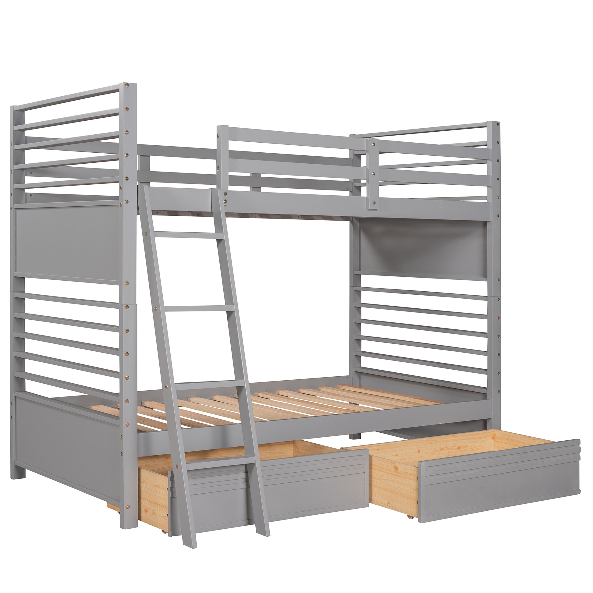 Twin Over Twin Wood Bunk Bed With Two Drawers Gray Gray Solid Wood