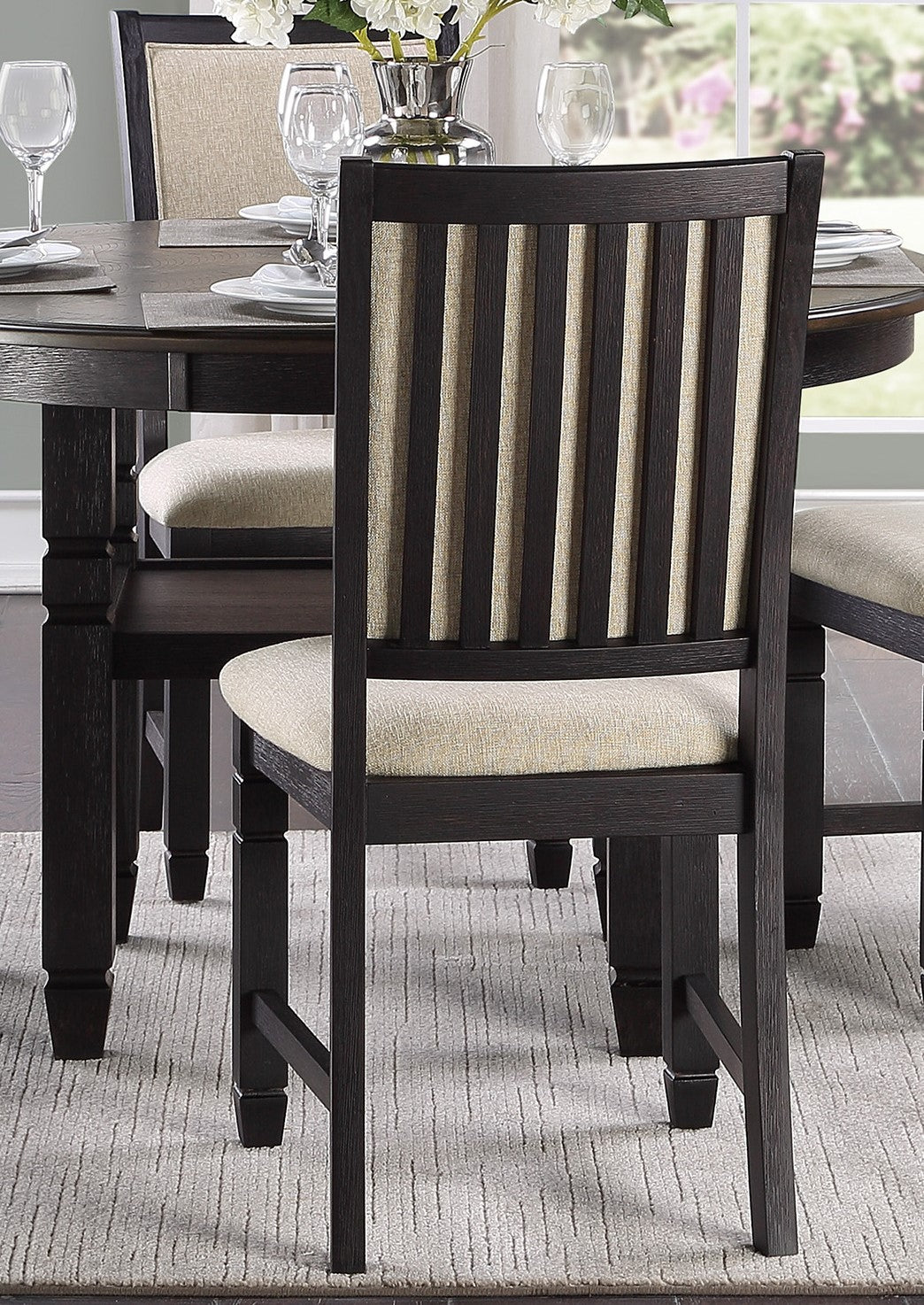 Beautiful Black Finish Wooden Side Chairs 2Pcs Set Beige Color Textured Fabric Upholstered Dining Chairs Black Dining Room Transitional Wood