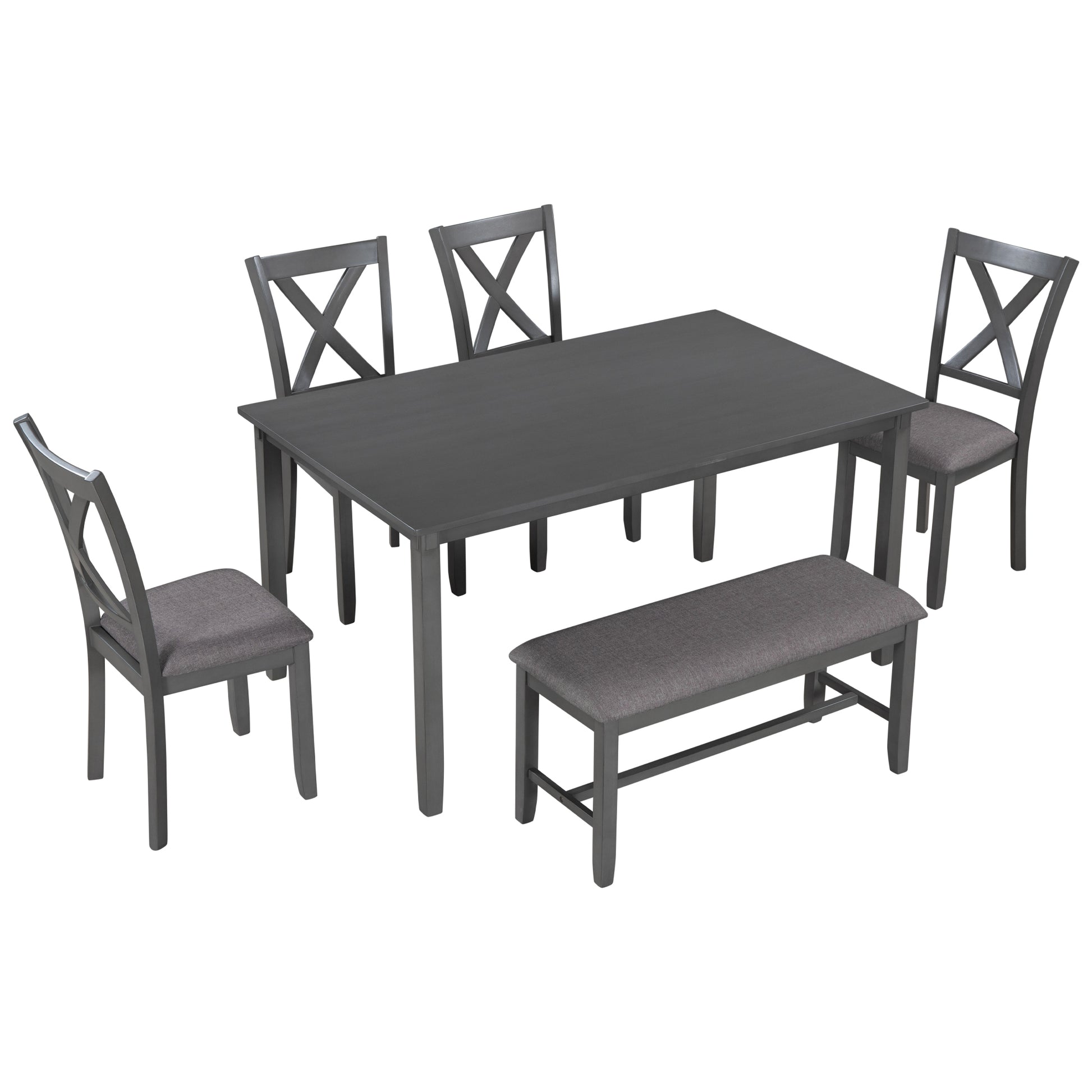 6 Piece Kitchen Dining Table Set Wooden Rectangular Dining Table, 4 Fabric Chairs And Bench Family Furniture Gray Gray Solid Wood