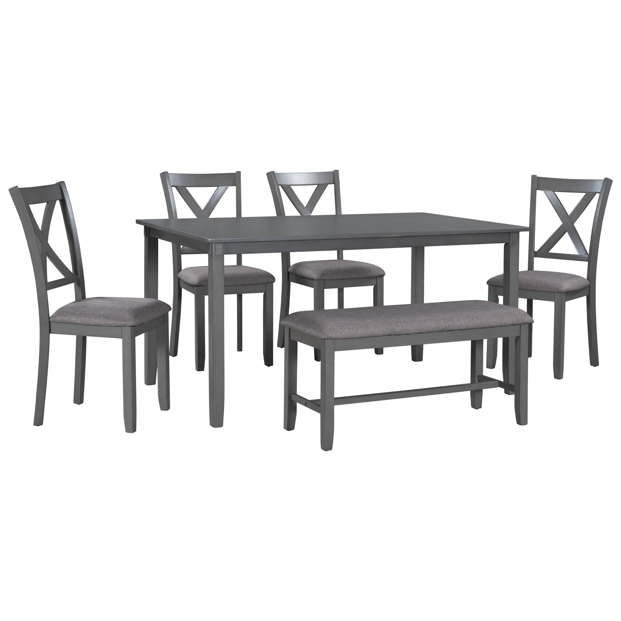 6 Piece Kitchen Dining Table Set Wooden Rectangular Dining Table, 4 Fabric Chairs And Bench Family Furniture Gray Gray Solid Wood