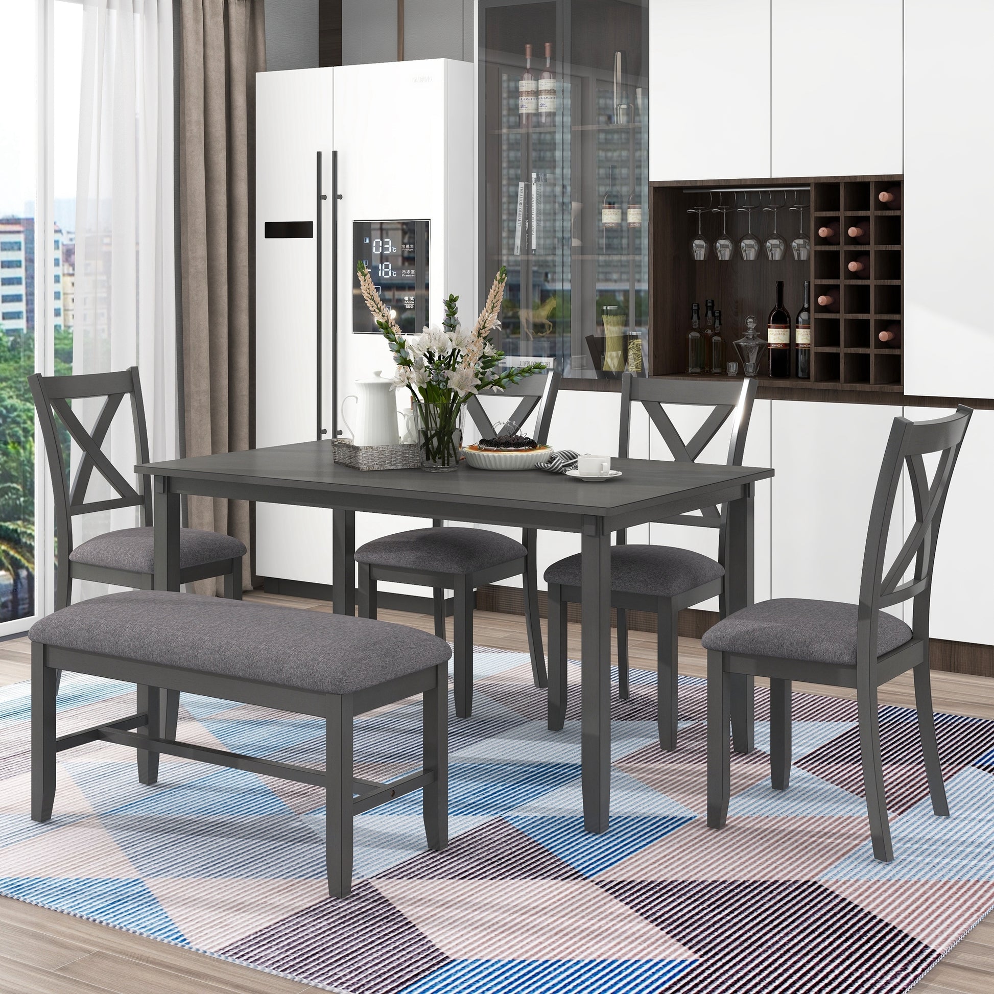 6 Piece Kitchen Dining Table Set Wooden Rectangular Dining Table, 4 Fabric Chairs And Bench Family Furniture Gray Gray Solid Wood