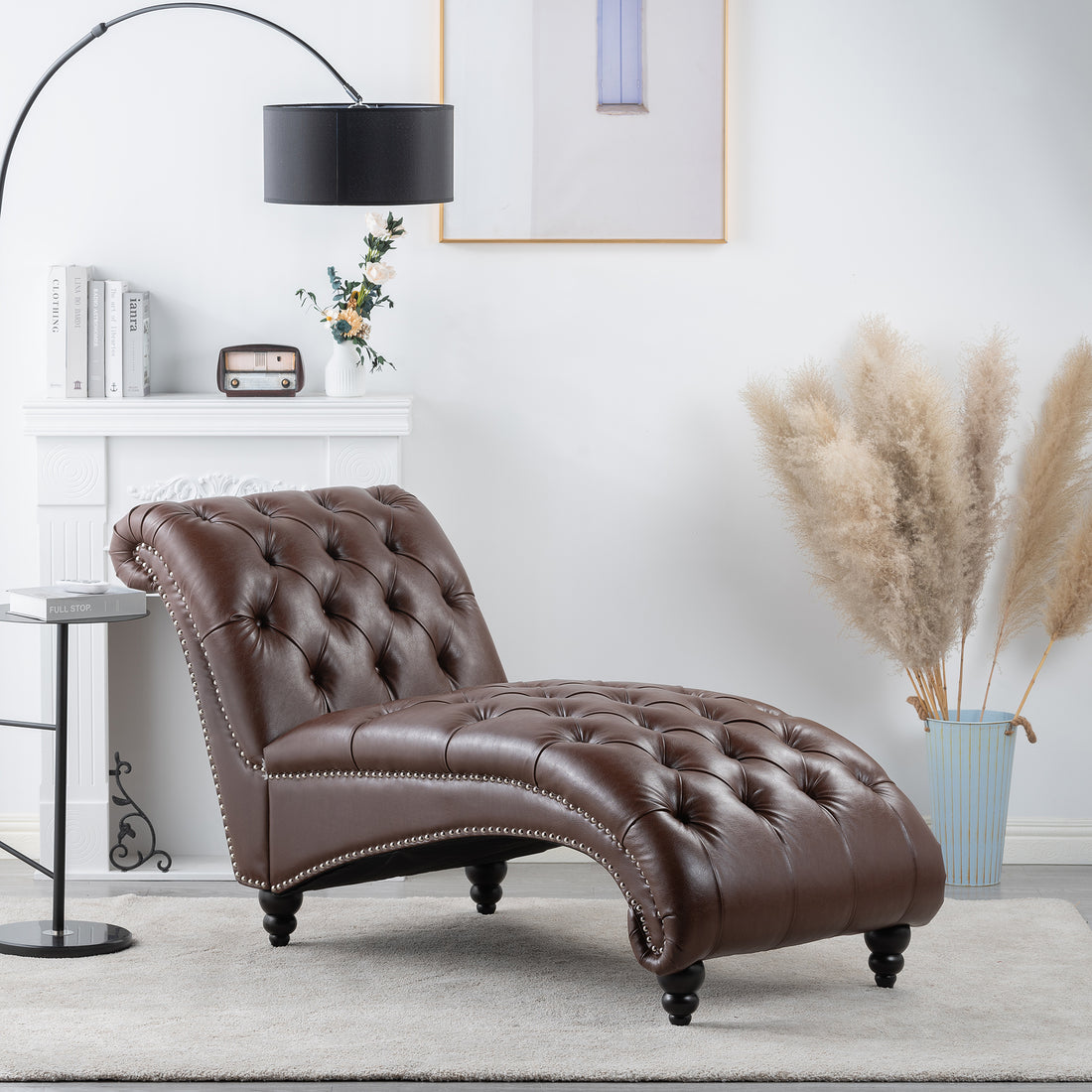 Tufted Armless Chaise Lounge Dark Brown Pu Pu