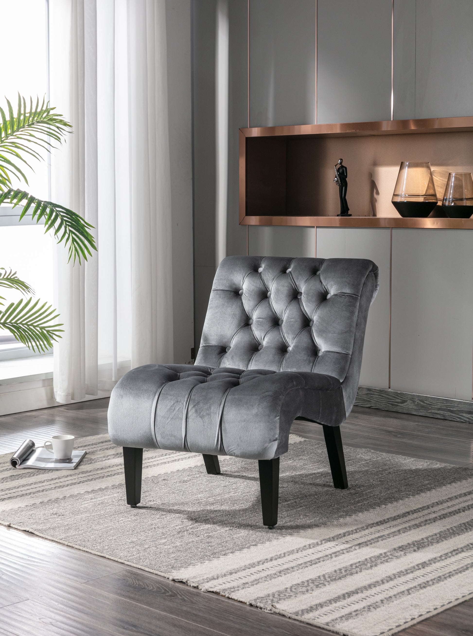 Coolmore Modern Velvet Armless Accent Living Room Chair Leisure Chair,Upholstered Fabric Button Comfortable Chair With Wooden Legs For Bedroom, Living Room, Office Silver Velvet Silver Foam Velvet