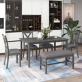 6 Piece Kitchen Dining Table Set Wooden Rectangular Dining Table, 4 Fabric Chairs And Bench Family Furniture Gray Gray Solid Wood