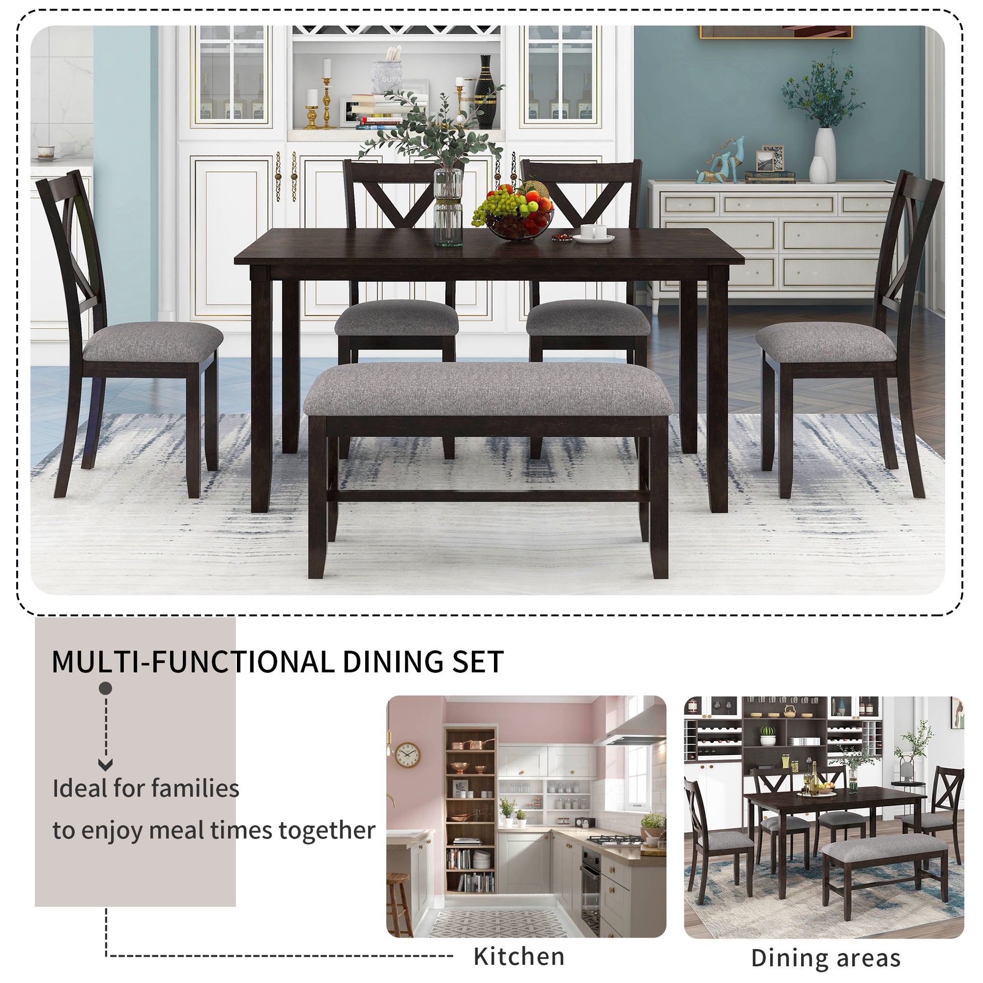 6 Piece Kitchen Dining Table Set Wooden Rectangular Dining Table, 4 Fabric Chairs And Bench Family Furniture Espresso Espresso Solid Wood