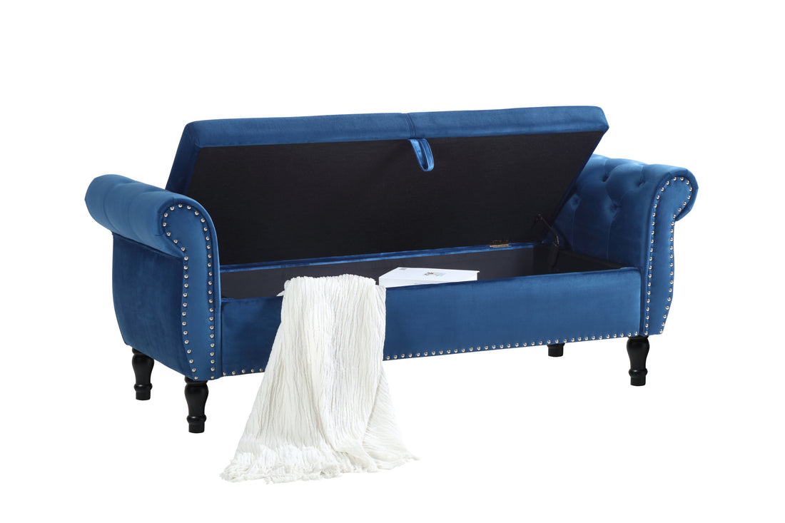 Aijia 63" Velvet Multifunctional Storage Bench Rectangular Sofa Stool Buttons Tufted Trimmed Ottoman Solid Wood Legs With 1 Pillow,Blue Blue Velvet