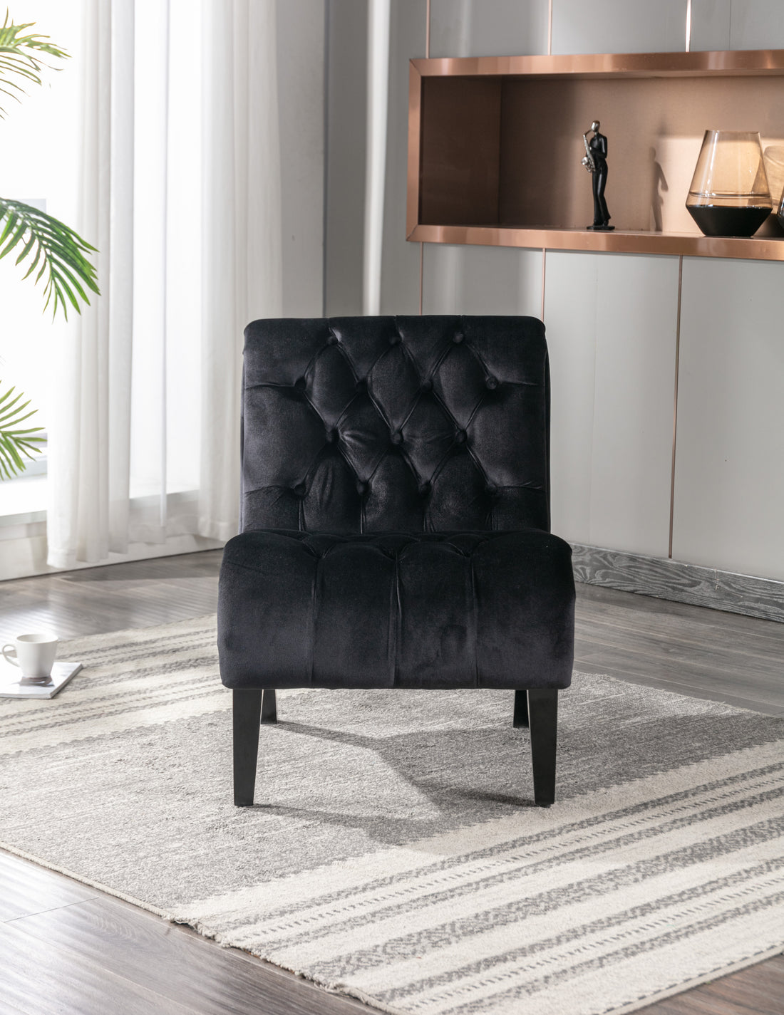 Coolmore Modern Velvet Armless Accent Living Room Chair Leisure Chair,Upholstered Fabric Button Comfortable Chair With Wooden Legs For Bedroom, Living Room, Office Black Velvet Black Foam Velvet