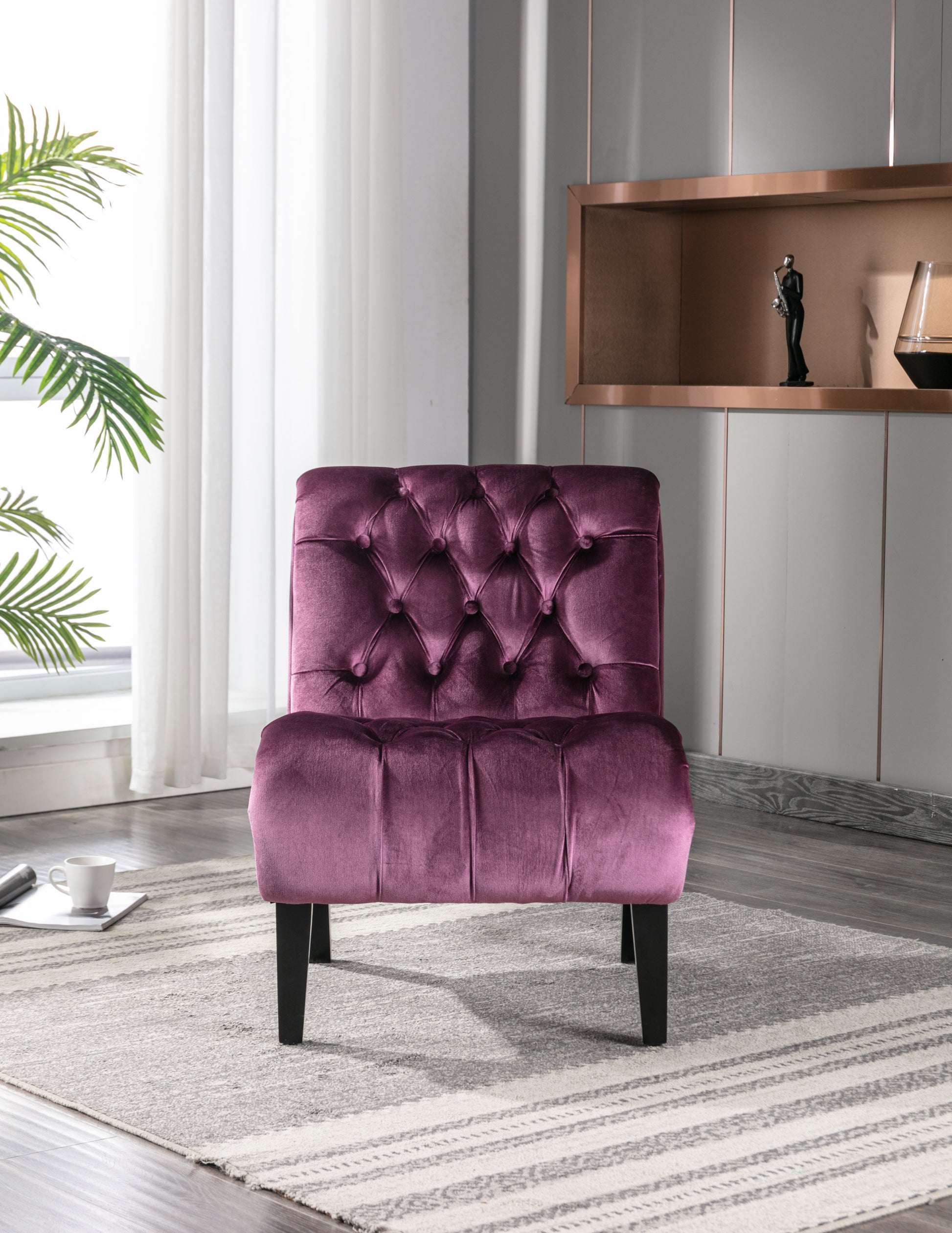 Coolmore Modern Velvet Armless Accent Living Room Chair Leisure Chair,Upholstered Fabric Button Comfortable Chair With Wooden Legs For Bedroom, Living Room, Office Purple Velvet Purple Primary Living Space Foam Velvet