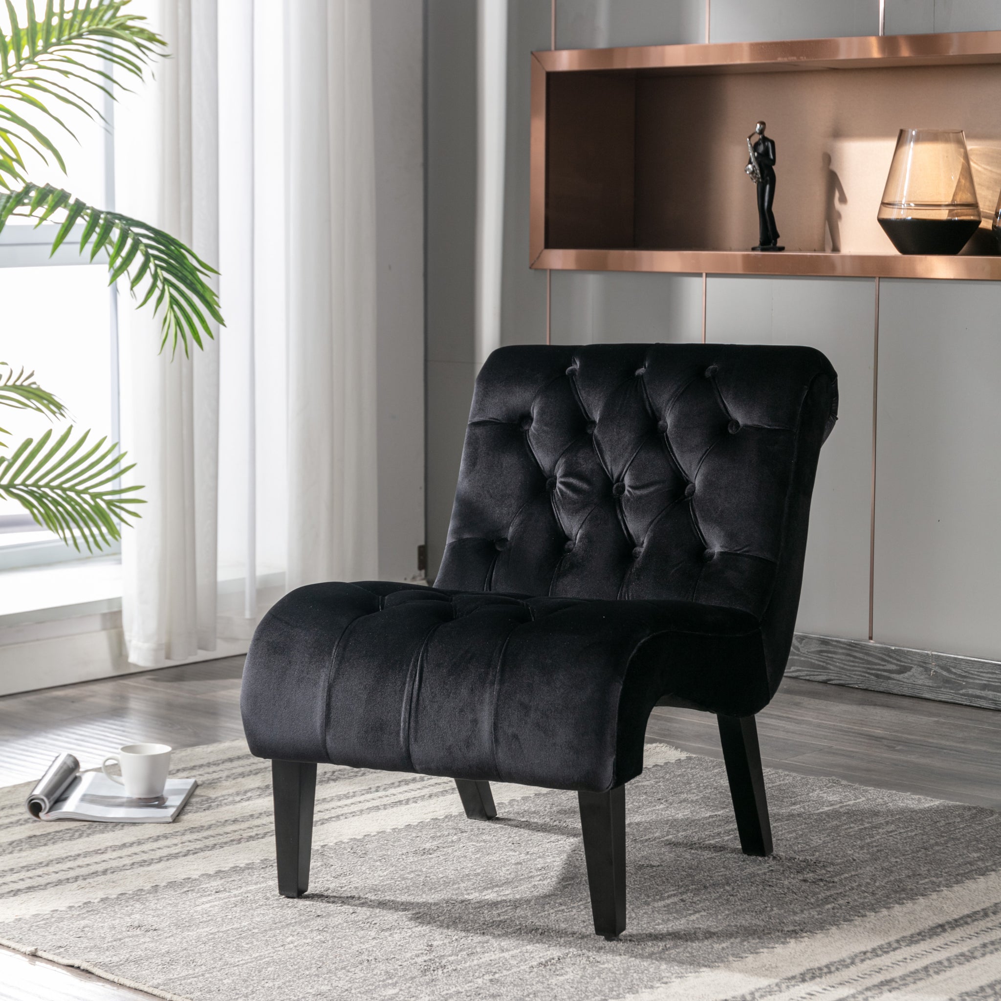 Coolmore Modern Velvet Armless Accent Living Room Chair Leisure Chair,Upholstered Fabric Button Comfortable Chair With Wooden Legs For Bedroom, Living Room, Office Black Velvet Black Foam Velvet