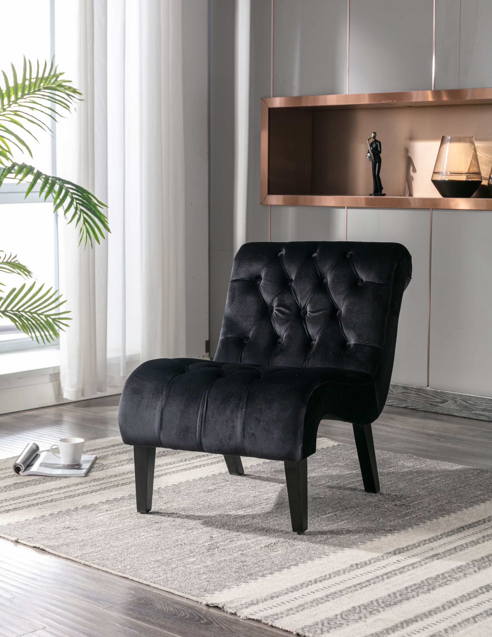 Coolmore Modern Velvet Armless Accent Living Room Chair Leisure Chair,Upholstered Fabric Button Comfortable Chair With Wooden Legs For Bedroom, Living Room, Office Black Velvet Black Foam Velvet