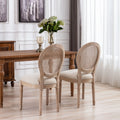 French Style Solid Wood Frame Antique Painting Linen Fabric Rattan Back Dining Chair,Set Of 2,Cream Cream Foam Solid Wood