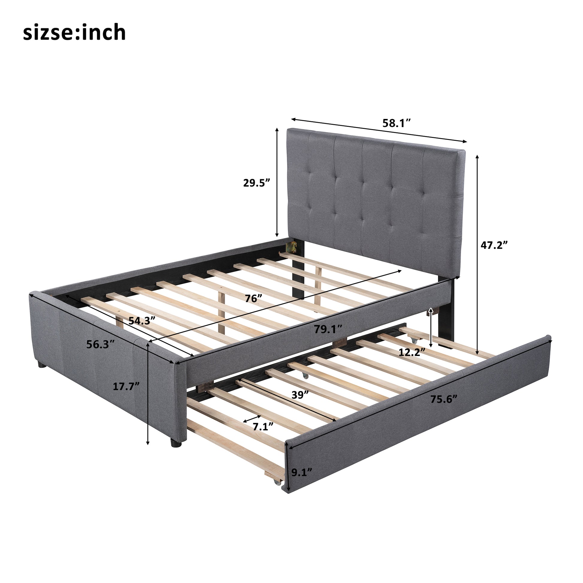 Linen Upholstered Platform Bed With Headboard And Trundle, Full Gray Linen