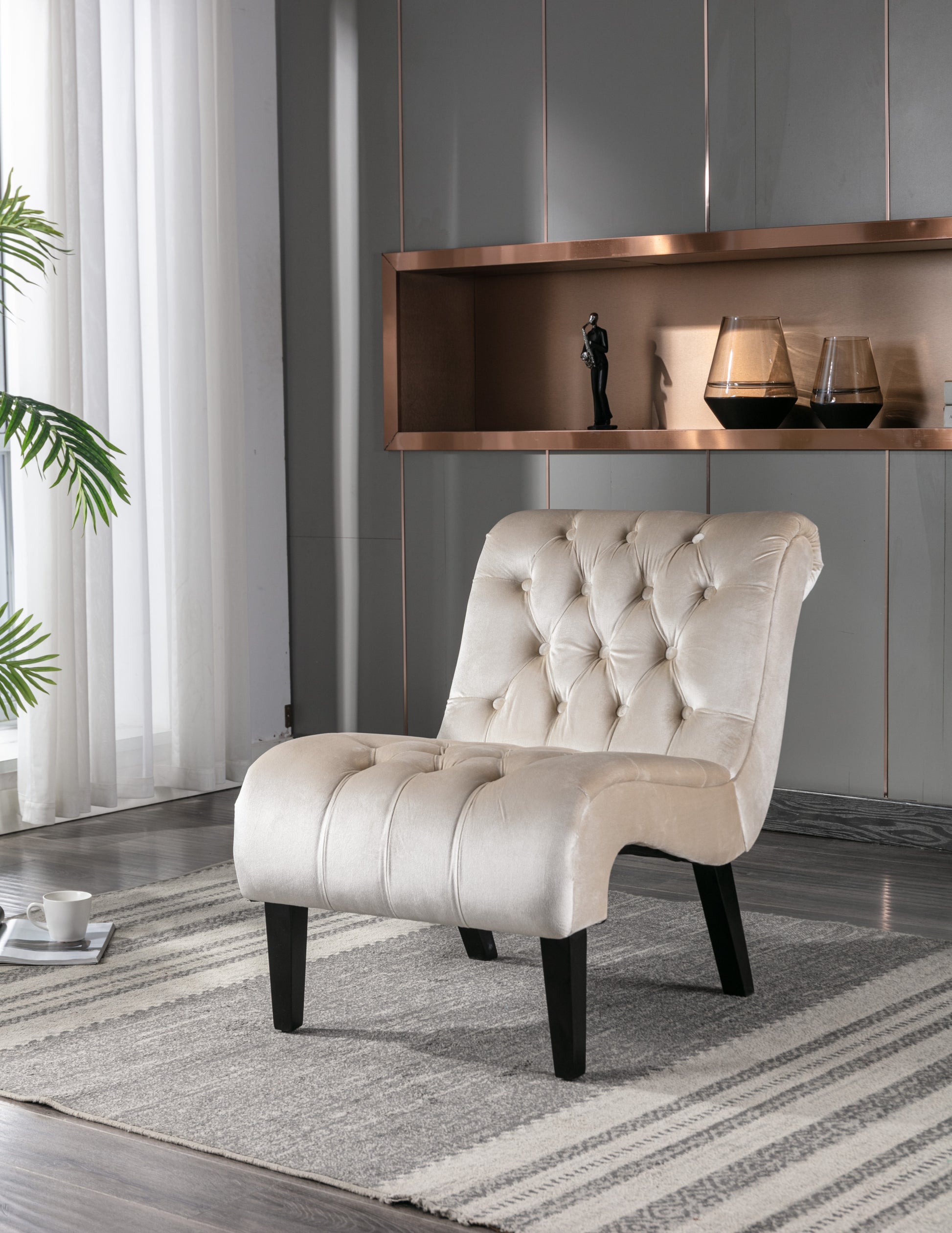Coolmore Modern Velvet Armless Accent Living Room Chair Leisure Chair,Upholstered Fabric Button Comfortable Chair With Wooden Legs For Bedroom, Living Room, Office Beige Velvet Beige Foam Velvet