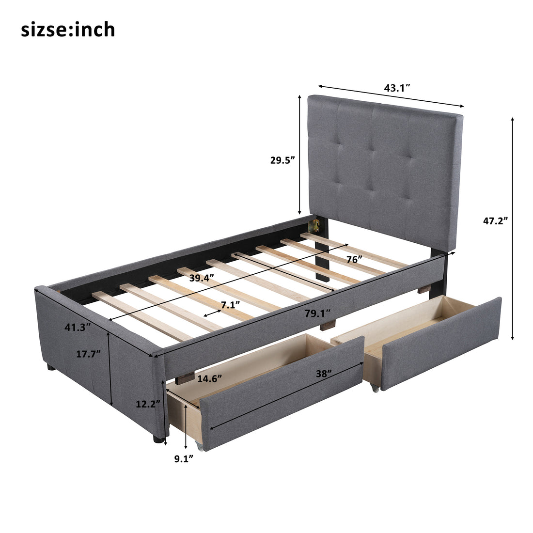 Linen Upholstered Platform Bed With Headboard And Two Drawers, Twin Twin Gray Linen