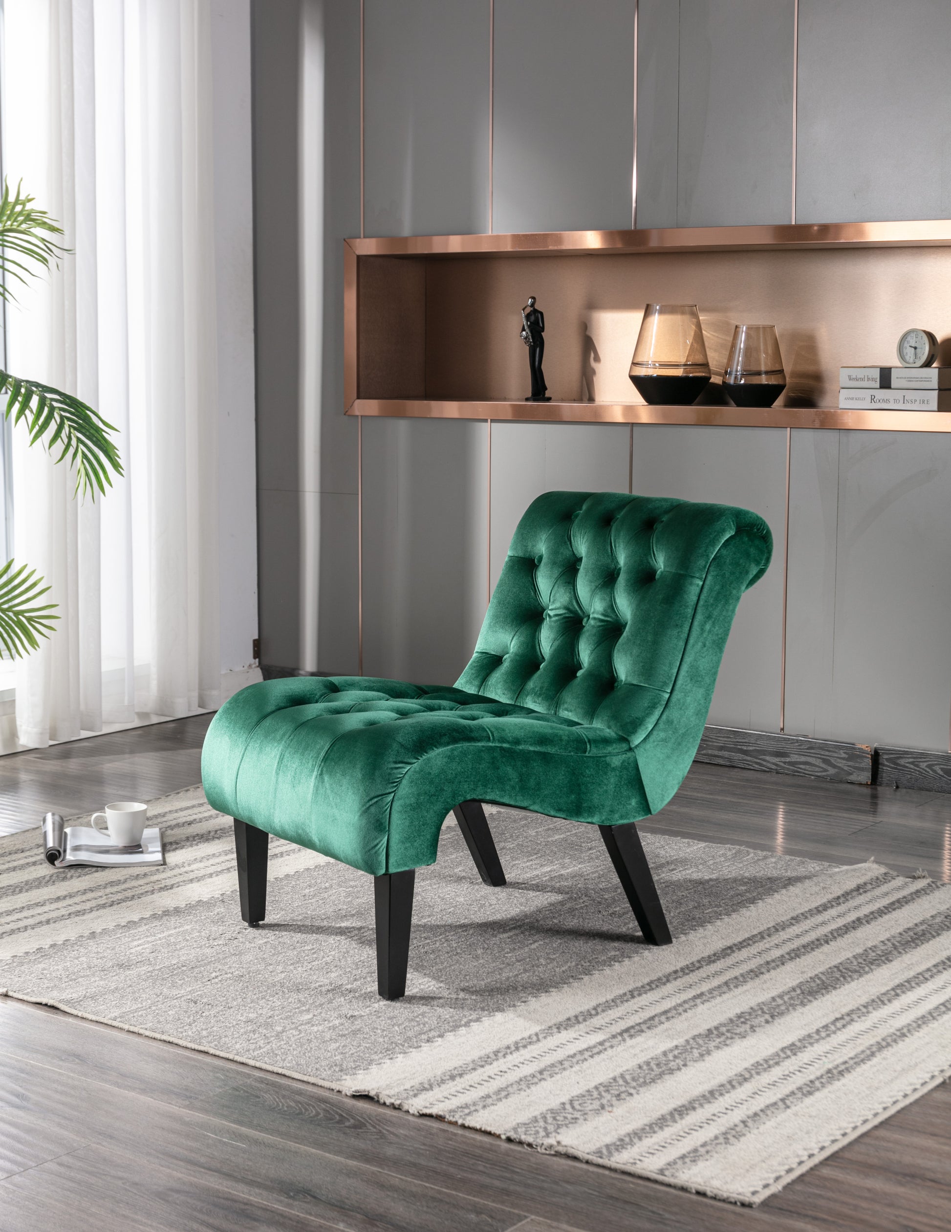 Coolmore Modern Velvet Armless Accent Living Room Chair Leisure Chair,Upholstered Fabric Button Comfortable Chair With Wooden Legs For Bedroom, Living Room, Office Green Velvet Green Primary Living Space Foam Velvet