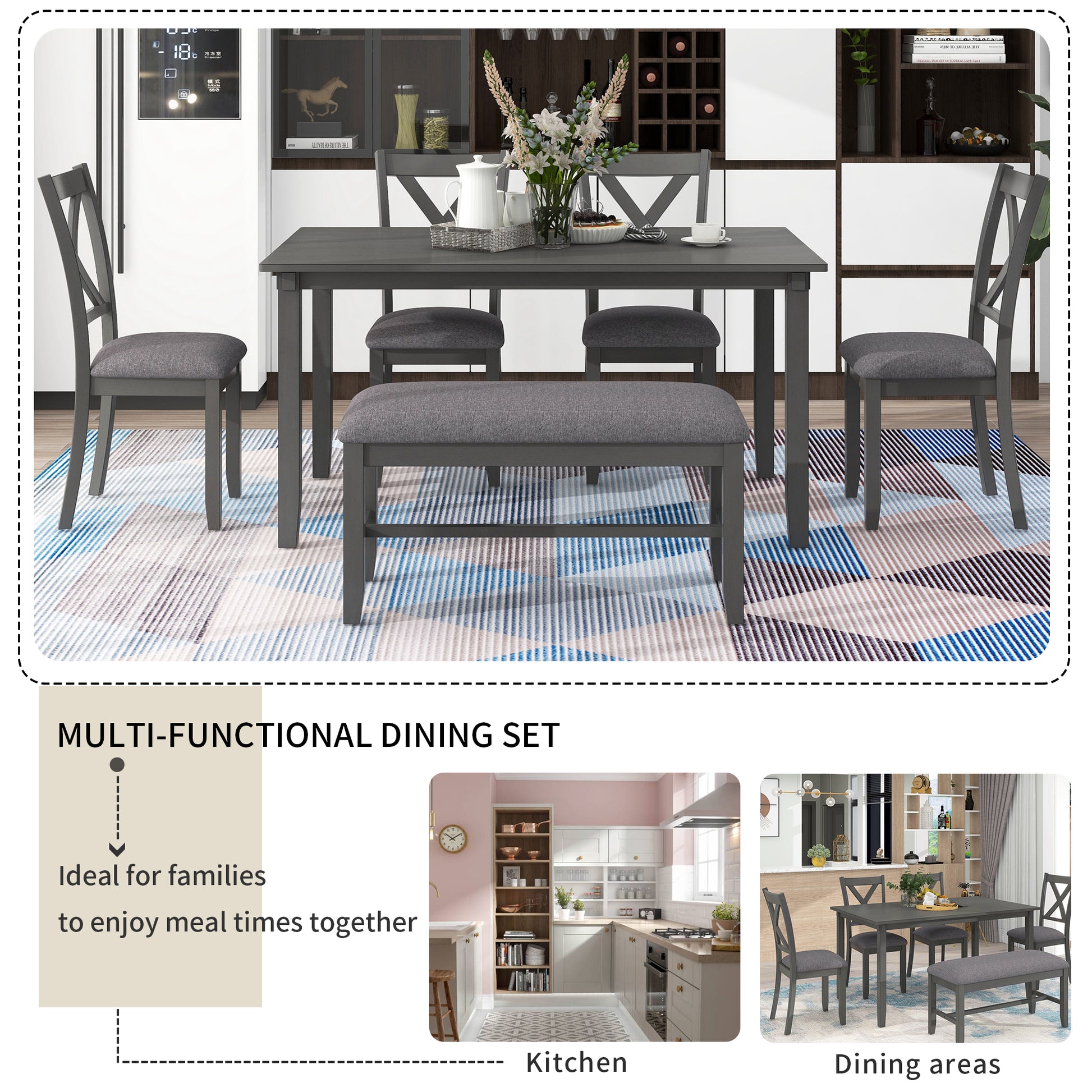 6 Piece Kitchen Dining Table Set Wooden Rectangular Dining Table, 4 Fabric Chairs And Bench Family Furniture Gray Gray Solid Wood