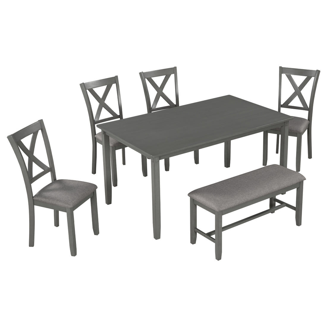 6 Piece Kitchen Dining Table Set Wooden Rectangular Dining Table, 4 Fabric Chairs And Bench Family Furniture Gray Gray Solid Wood