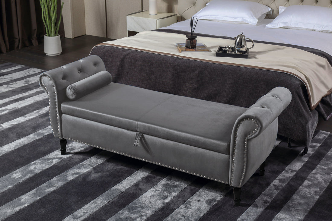 Aijia 63" Velvet Multifunctional Storage Rectangular Sofa Stool Buttons Tufted Trimmed Solid Wood Legs With 1 Pillow,Grey Grey Velvet