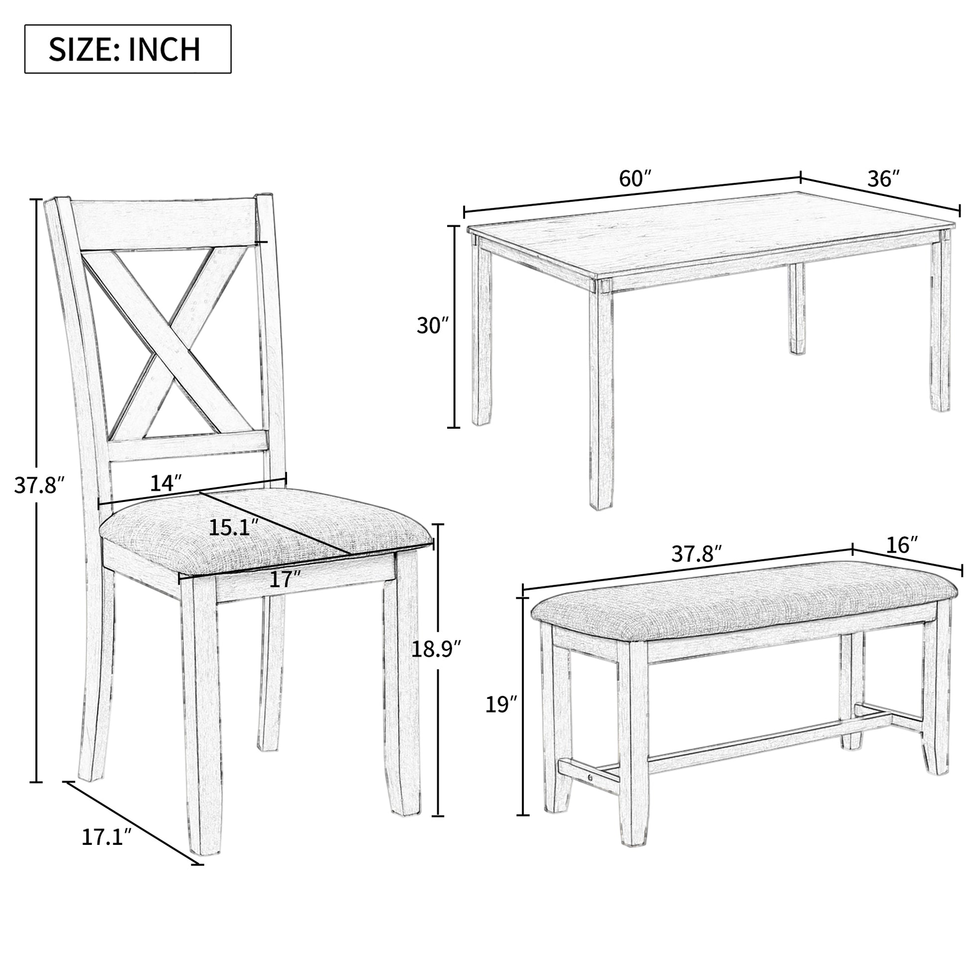 6 Piece Kitchen Dining Table Set Wooden Rectangular Dining Table, 4 Fabric Chairs And Bench Family Furniture Gray Gray Solid Wood