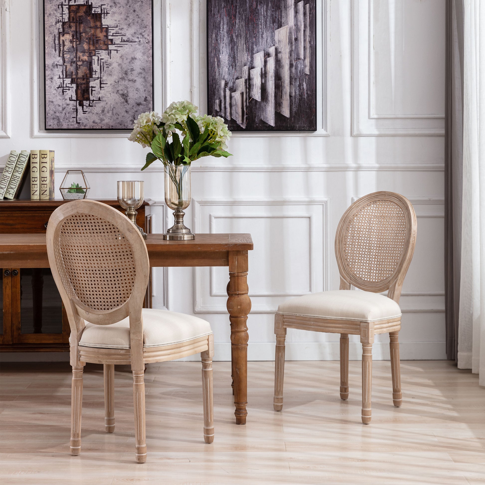 French Style Solid Wood Frame Antique Painting Linen Fabric Rattan Back Dining Chair,Set Of 2,Cream Cream Foam Solid Wood