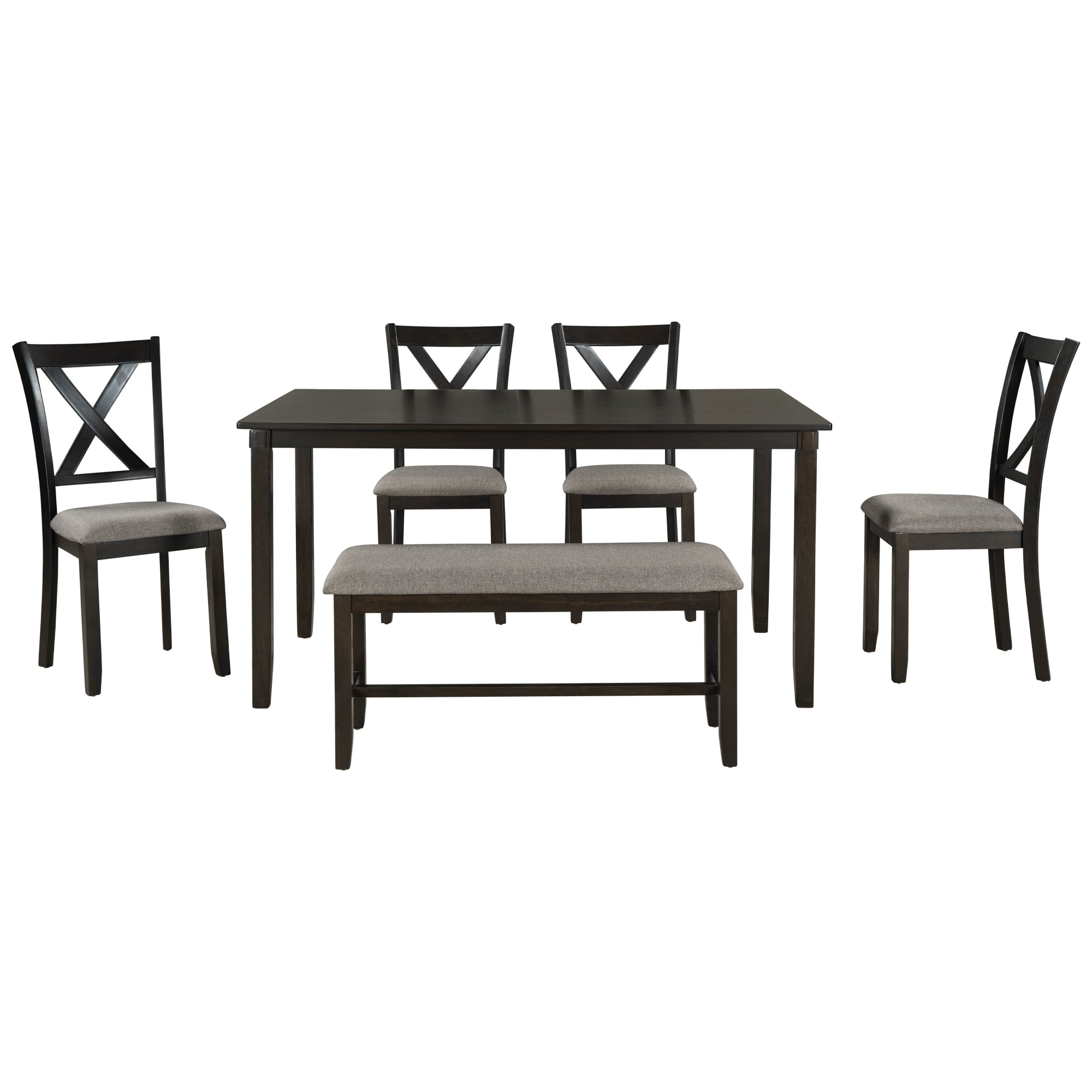 6 Piece Kitchen Dining Table Set Wooden Rectangular Dining Table, 4 Fabric Chairs And Bench Family Furniture Espresso Espresso Solid Wood