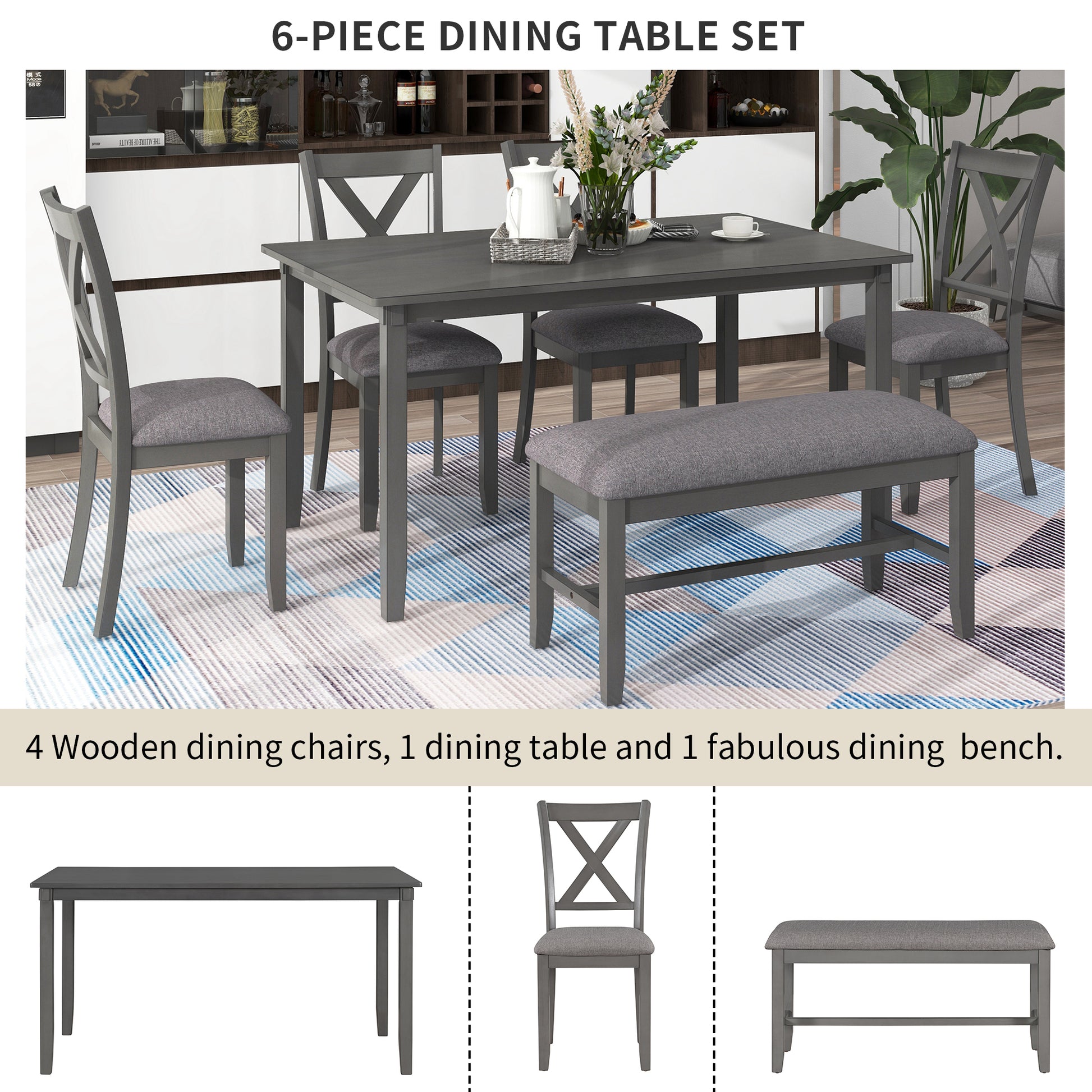 6 Piece Kitchen Dining Table Set Wooden Rectangular Dining Table, 4 Fabric Chairs And Bench Family Furniture Gray Gray Solid Wood