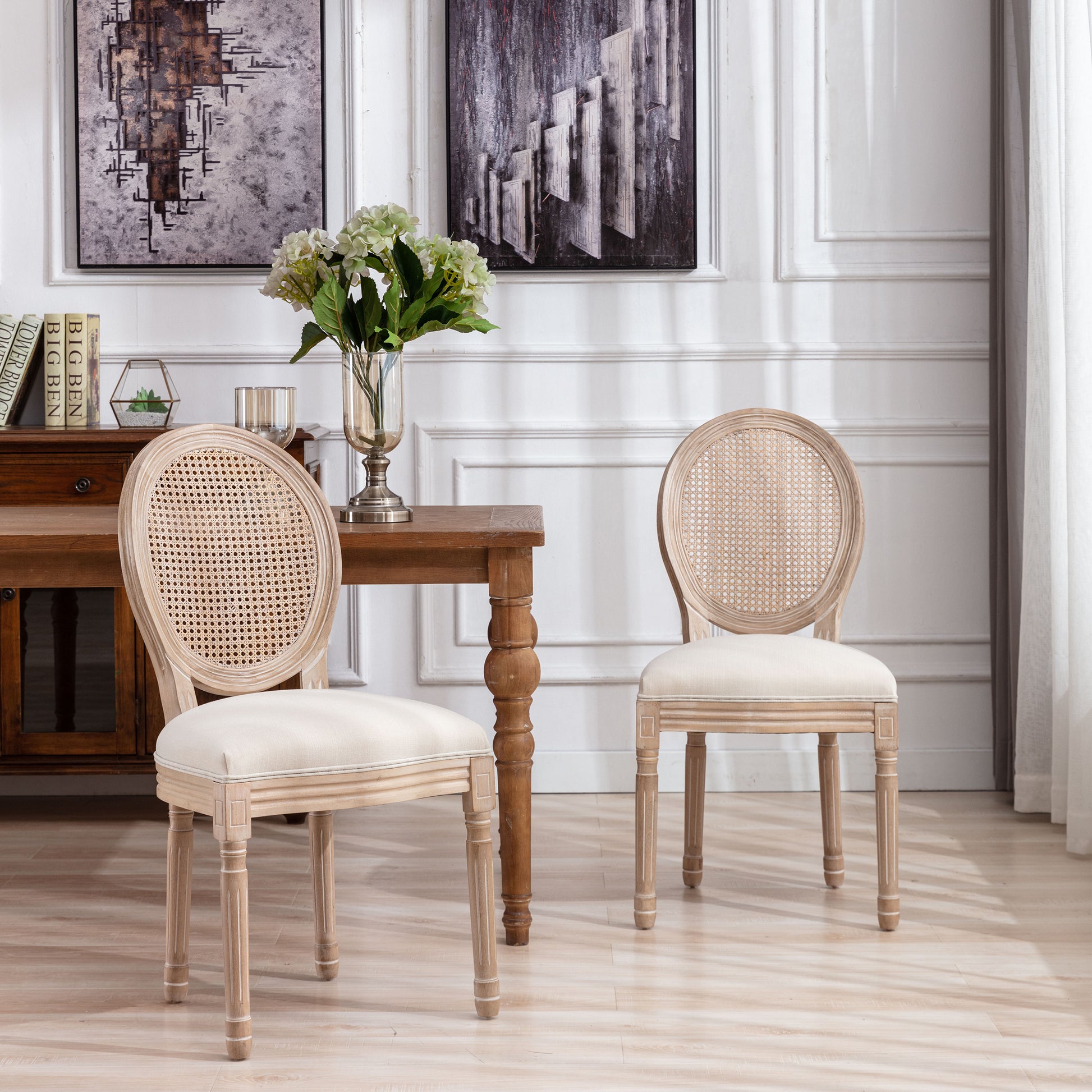 French Style Solid Wood Frame Antique Painting Linen Fabric Rattan Back Dining Chair,Set Of 2,Cream Cream Foam Solid Wood