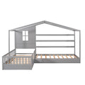 Wood House Bed Twin Size, 2 Twin Solid Bed L Structure With Fence And Slatted Frame Gray Gray Solid Wood