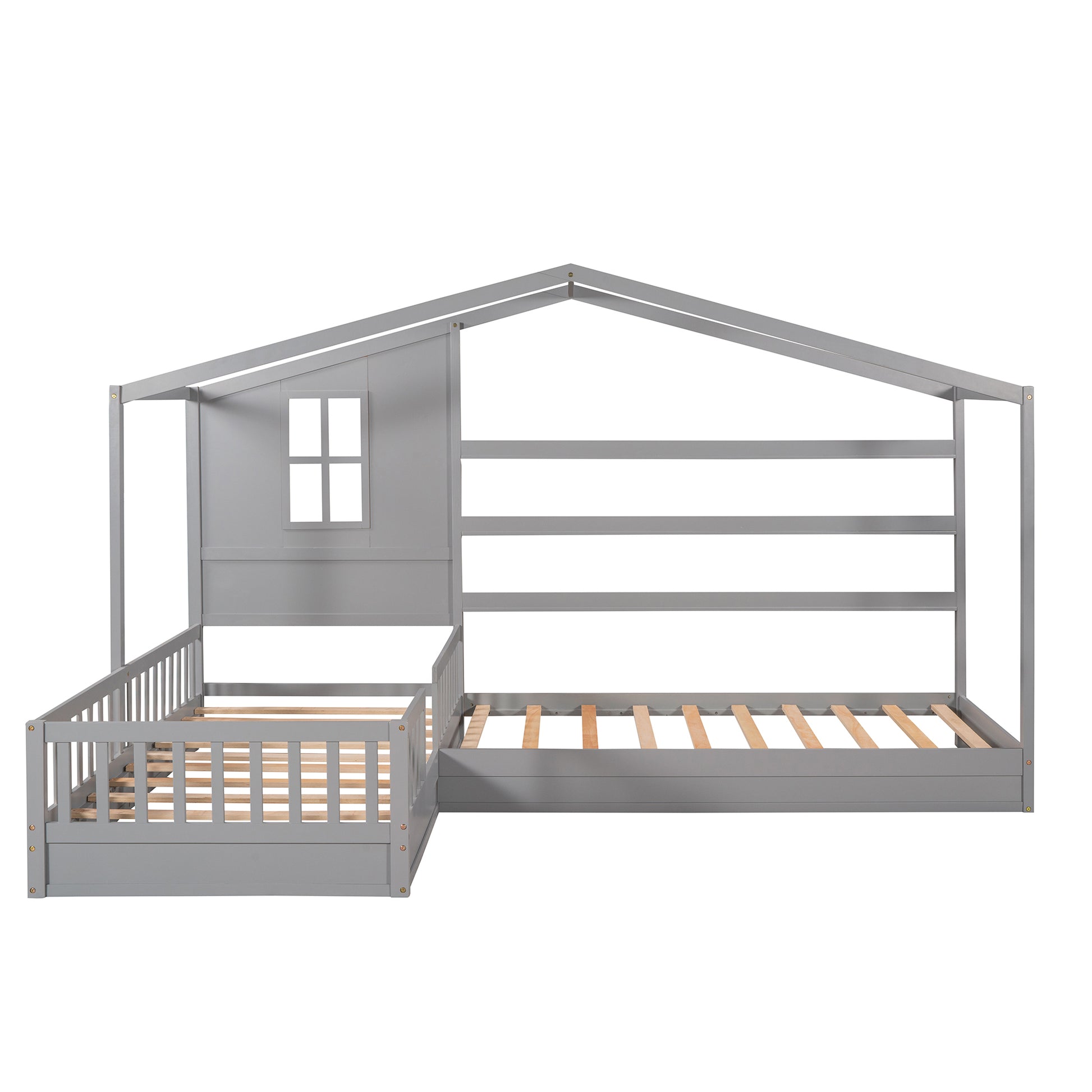 Wood House Bed Twin Size, 2 Twin Solid Bed L Structure With Fence And Slatted Frame Gray Gray Solid Wood