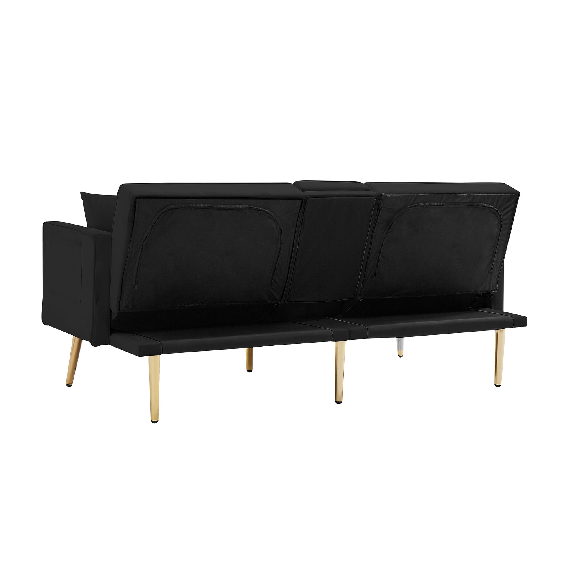 Black Velvet Futon Sofa Bed With Gold Metal Legs Black Velvet Wood Tufted Back Eucalyptus Square Arms Foam Velvet 2 Seat