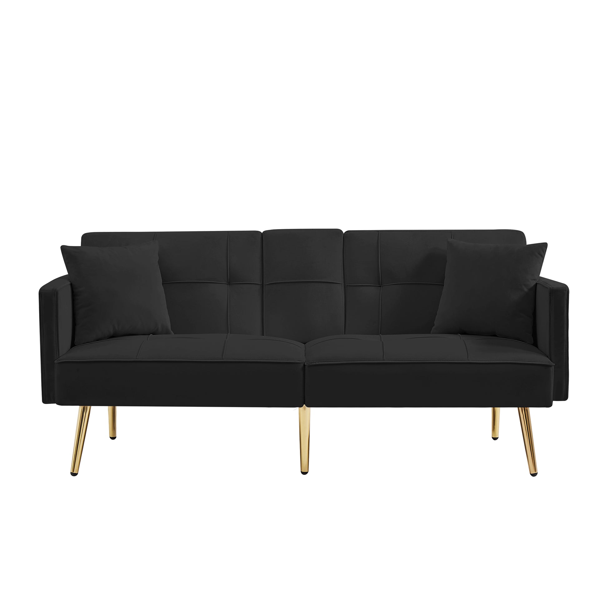 Black Velvet Futon Sofa Bed With Gold Metal Legs Black Velvet Wood Tufted Back Eucalyptus Square Arms Foam Velvet 2 Seat
