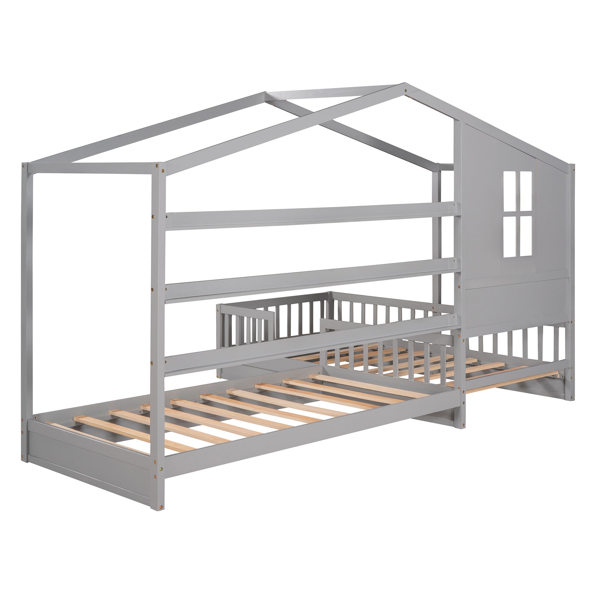 Wood House Bed Twin Size, 2 Twin Solid Bed L Structure With Fence And Slatted Frame Gray Gray Solid Wood