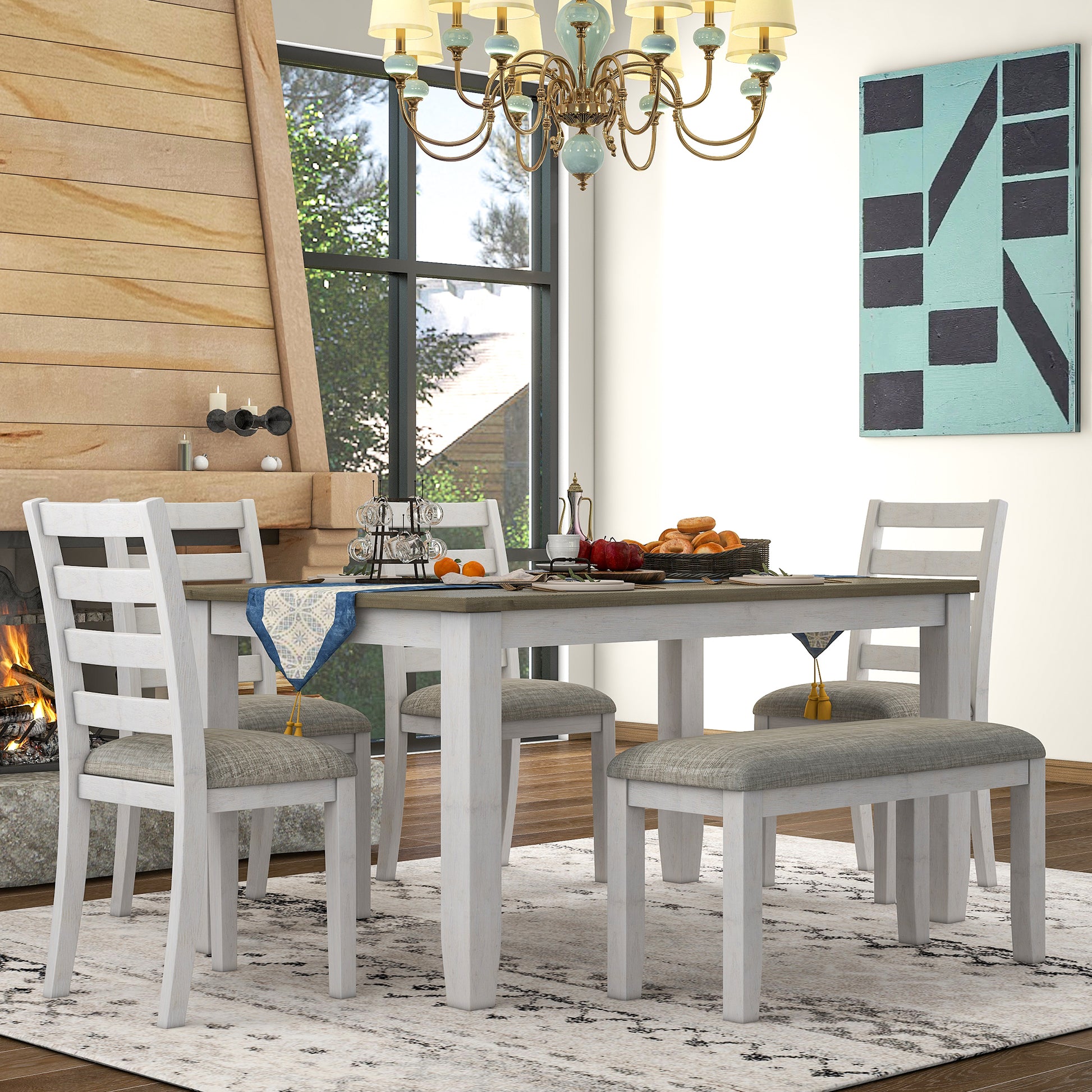 Rustic Style 6 Piece Dining Room Table Set With 4 Upholstered Chairs & A Bench Brown Whitewash Brown Whitewash Solid Wood